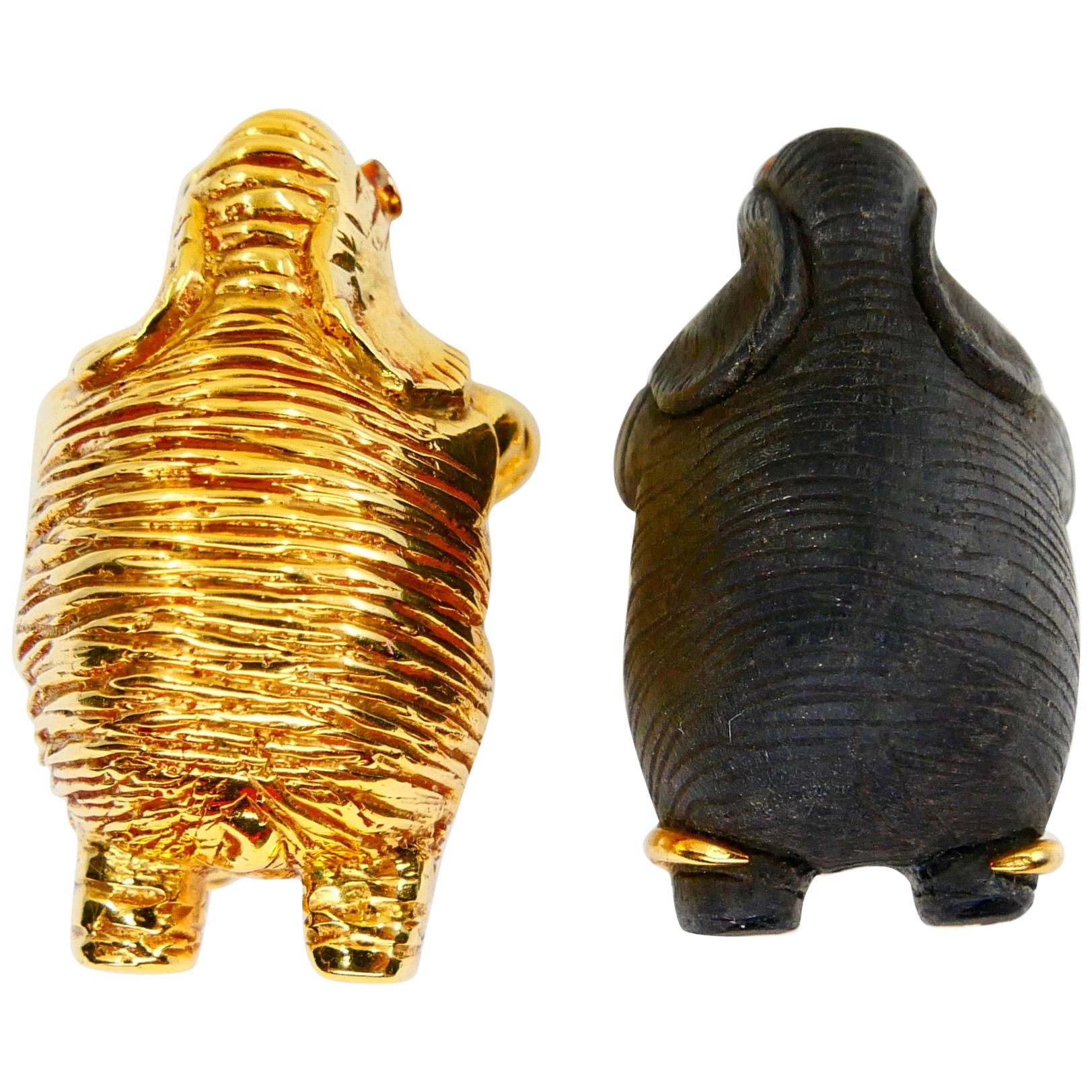 Vintage Lotus Arts De Vivre 18 Karat Gold & Black Wood Elephant Diamond Earrings