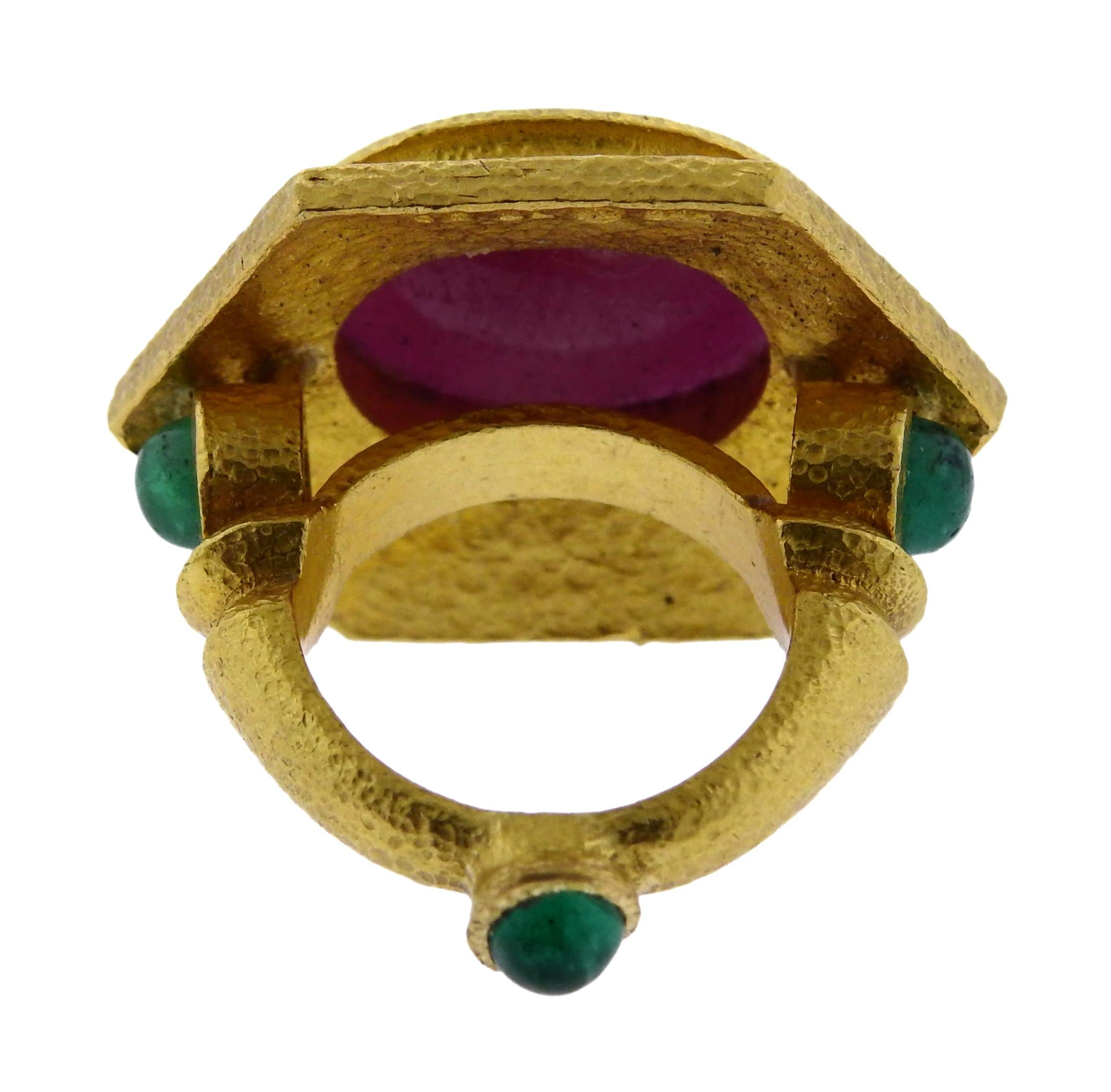 Women's or Men's Lotus Arts de Vivre 22 Karat Gold Ruby Emerald Cocktail Ring