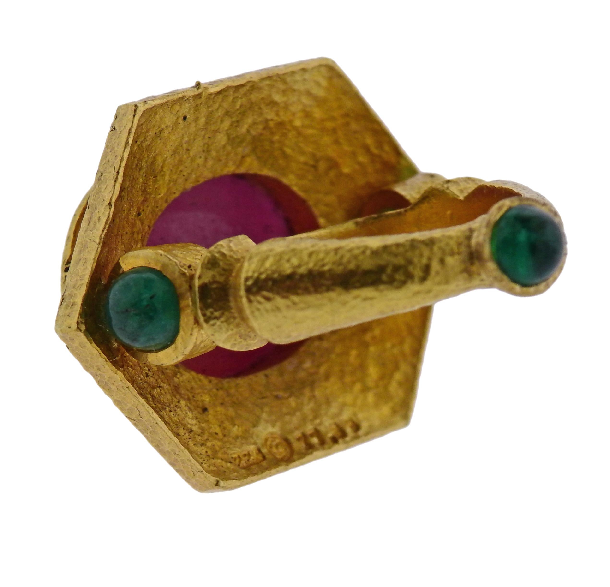 Lotus Arts de Vivre 22 Karat Gold Ruby Emerald Cocktail Ring 1