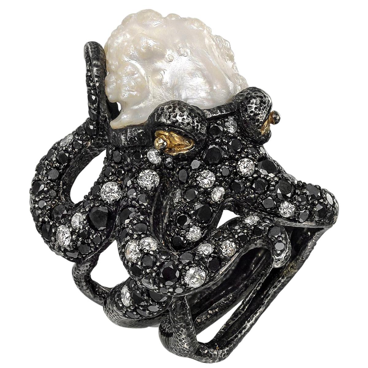 Lotus Arts de Vivre Baroque Pearl and Multicolored Diamond Octopus Ring