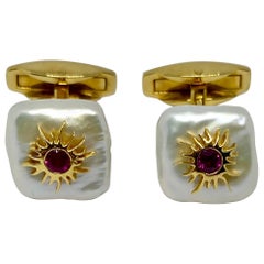 Lotus Arts de Vivre Cufflinks in 18 Karat Gold with Square Pearls and Rubies