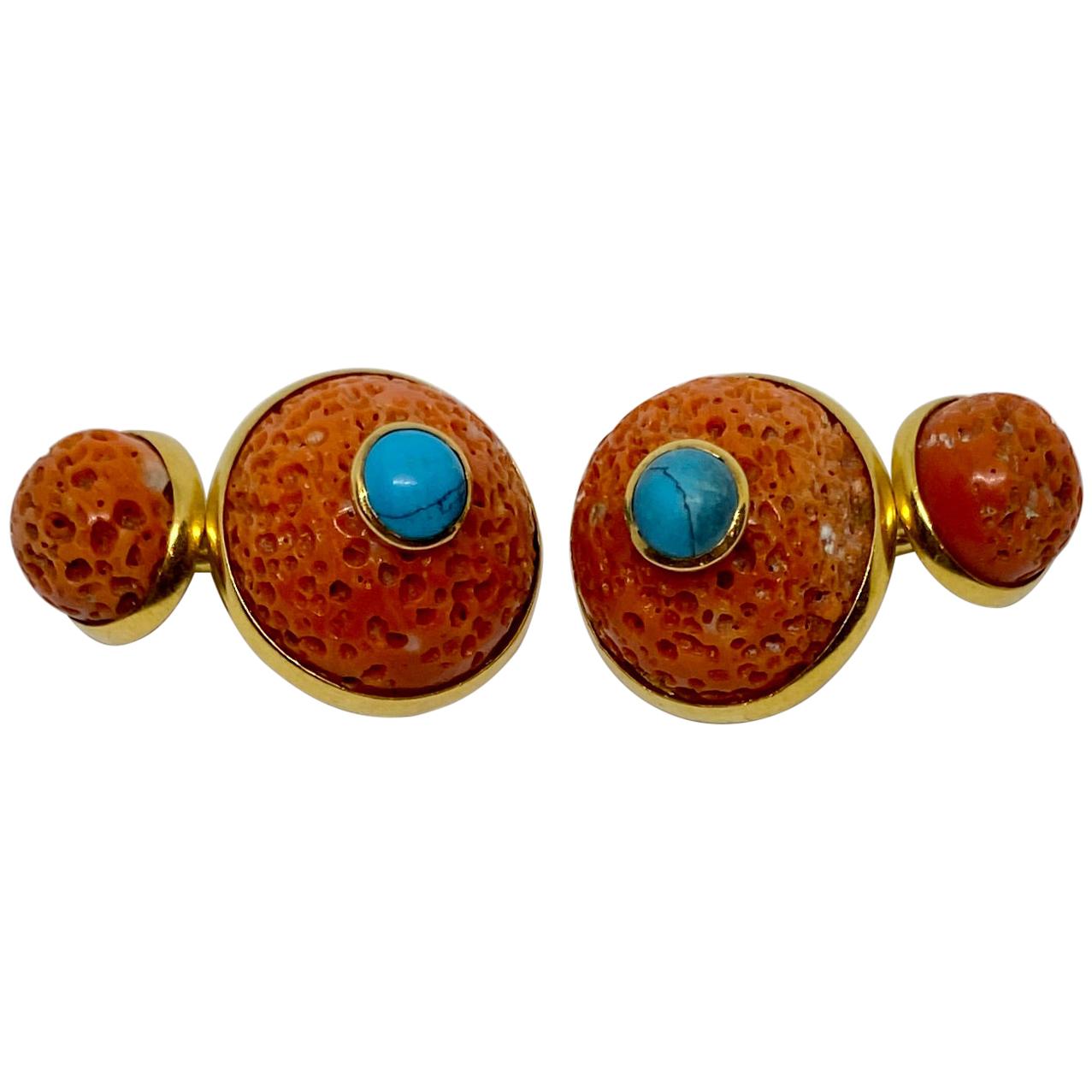 Lotus Arts de Vivre Cufflinks with Coral and Turquoise in 18 Karat Gold For Sale