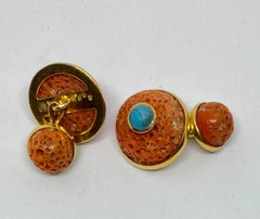 Lotus Arts de Vivre Cufflinks with Coral and Turquoise in 18 Karat Gold