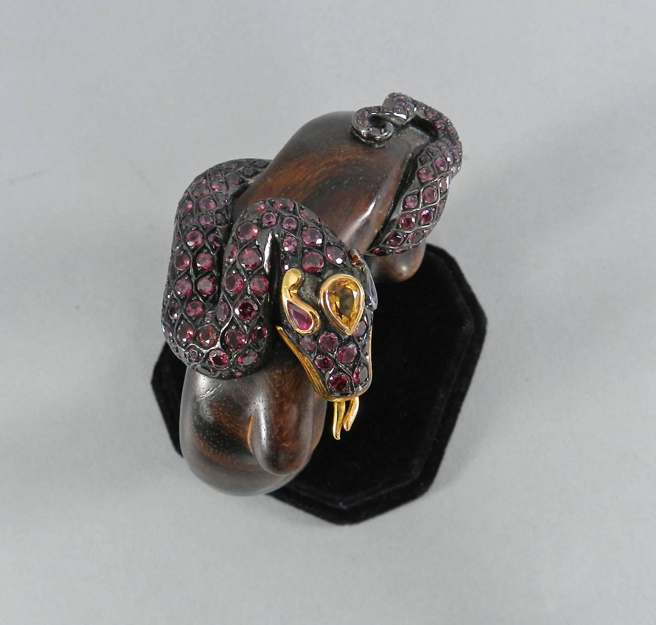 Lotus Arts de Vivre Gold, Pink Sapphire and Ebony Snake Cuff Bracelet In Excellent Condition For Sale In Toronto, Ontario