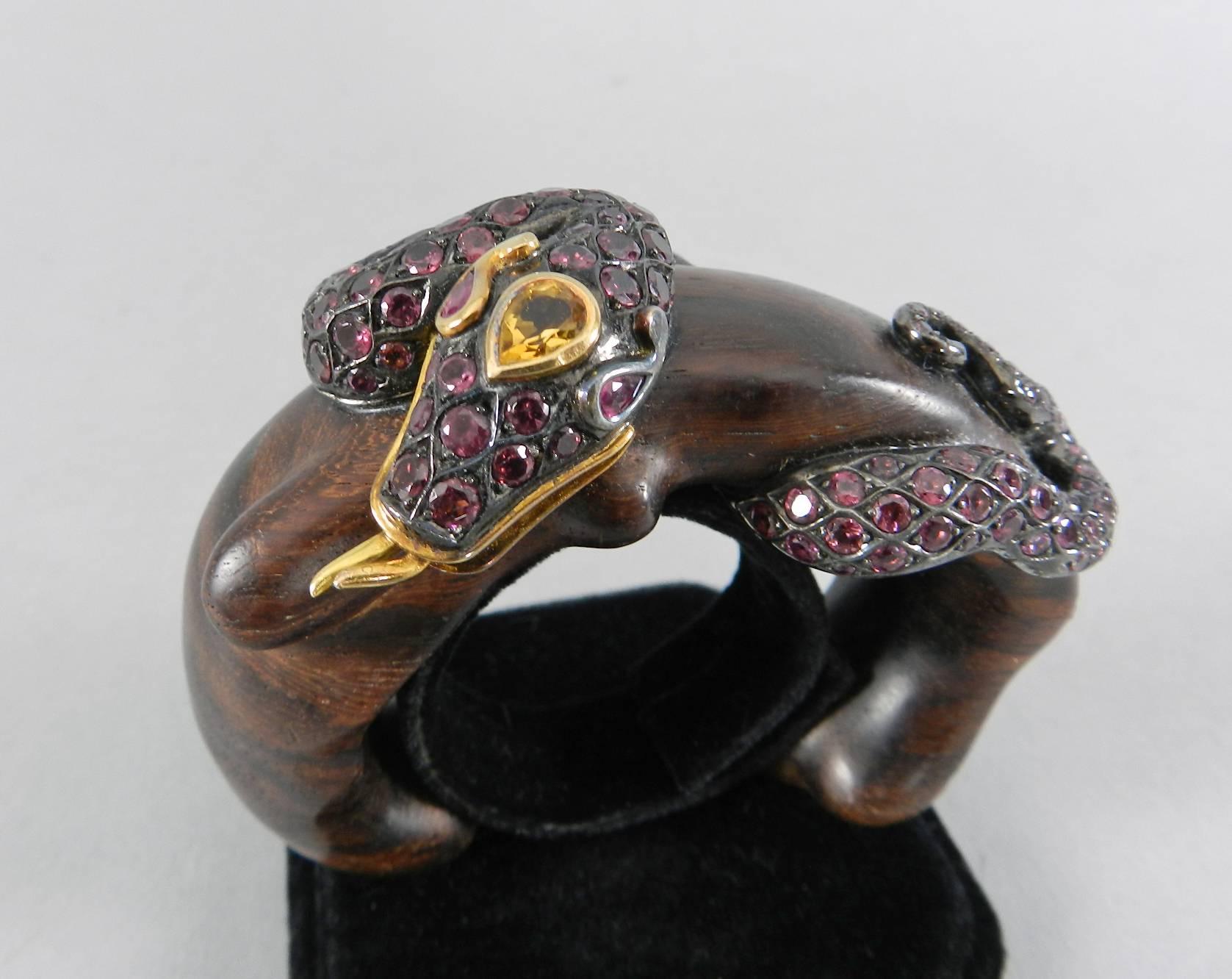 Lotus Arts de Vivre Gold, Pink Sapphire and Ebony Snake Cuff Bracelet For Sale 2