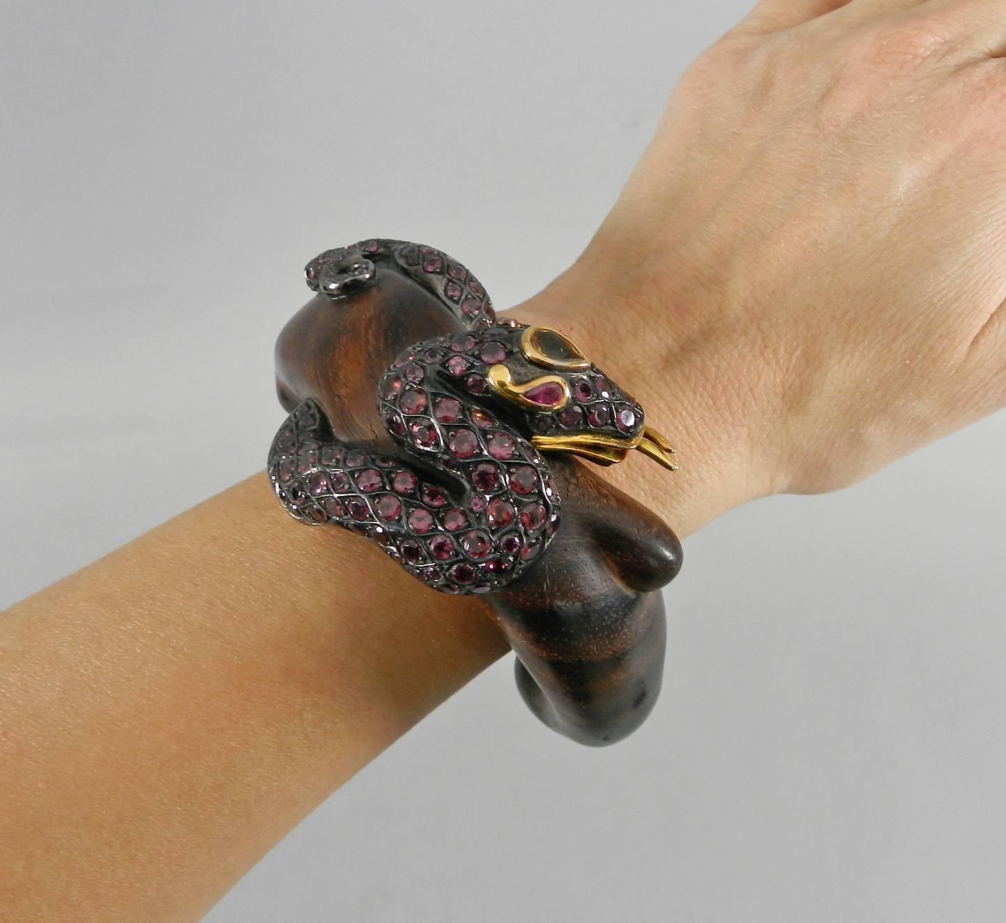 Lotus Arts de Vivre Gold, Pink Sapphire and Ebony Snake Cuff Bracelet For Sale 4