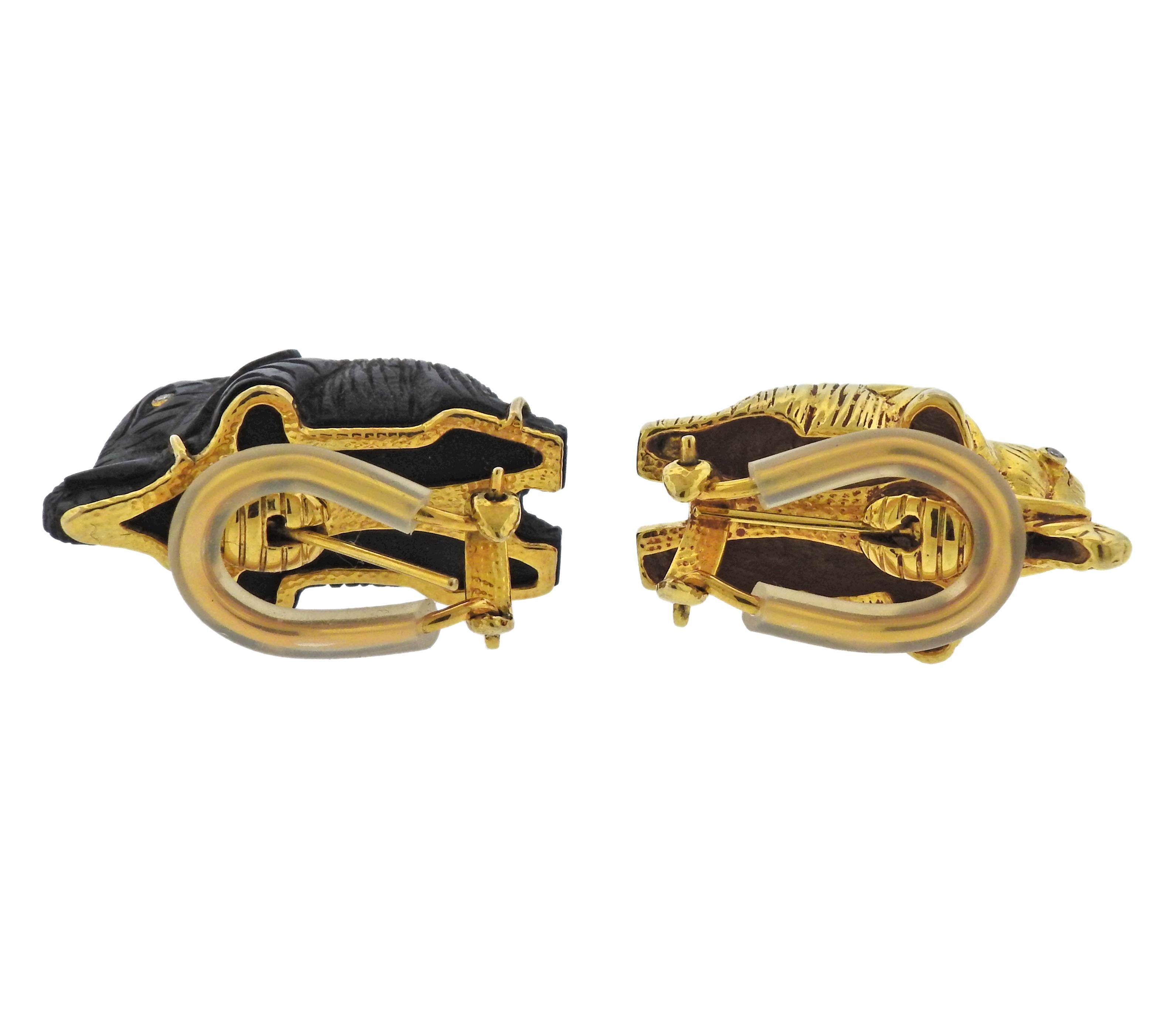 Women's or Men's Lotus Arts De Vivre Gold Wood Diamond Elephant Earrings