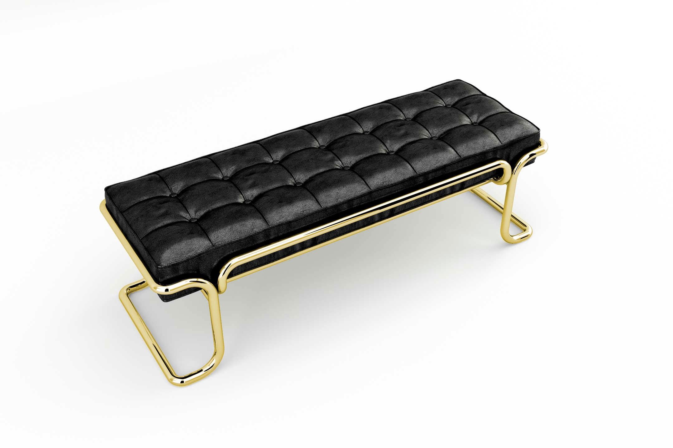 Polished Lotus Banquette - Modern Black Leather Sofa with Brass Legs For Sale