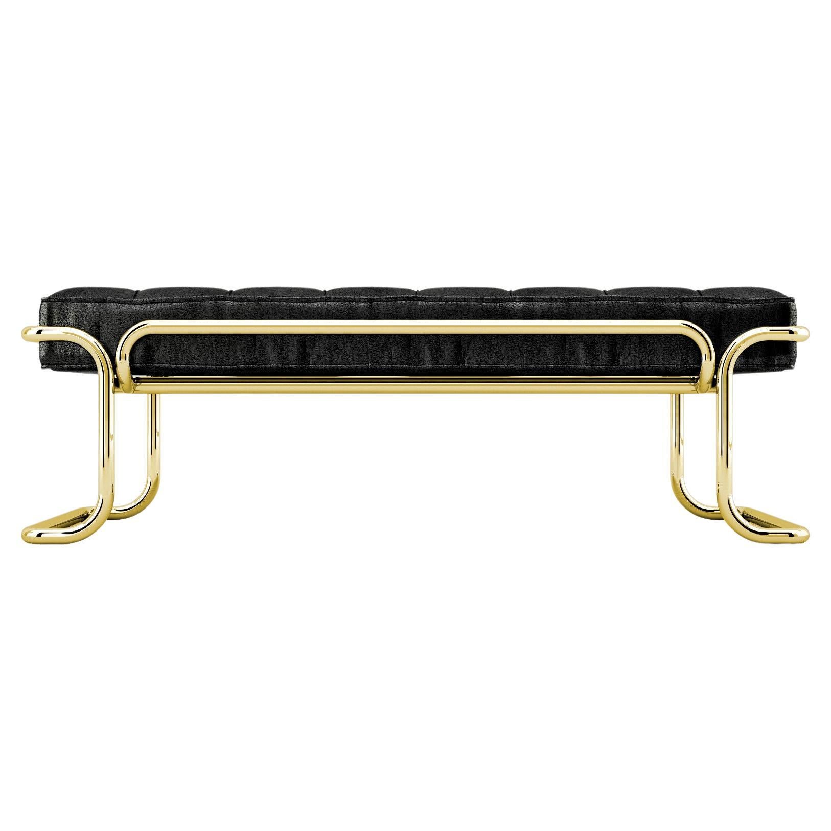 Lotus Banquette - Modern Black Leather Sofa with Brass Legs For Sale