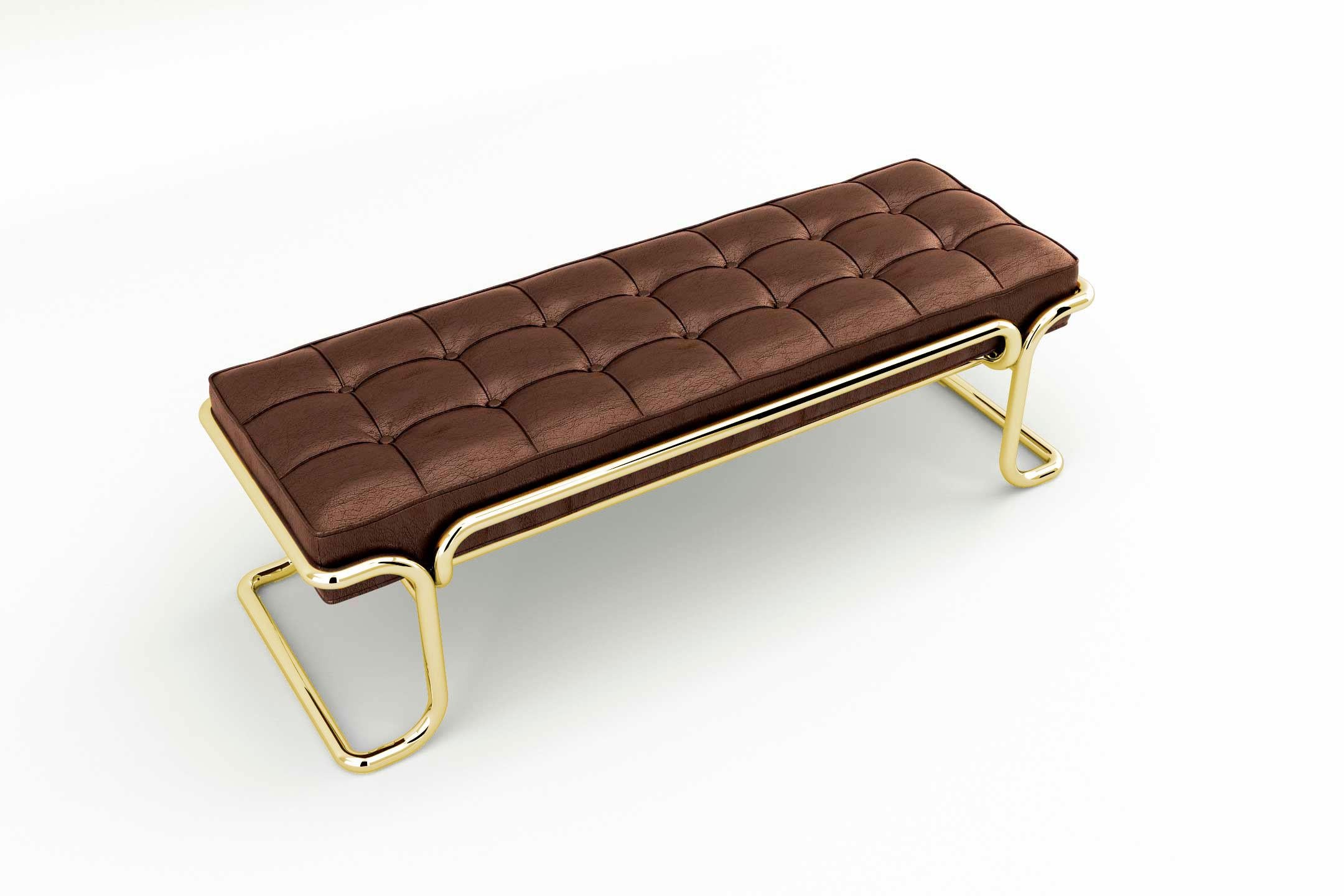 Polished Lotus Banquette - Modern Brown Leather Sofa with Brass Legs For Sale