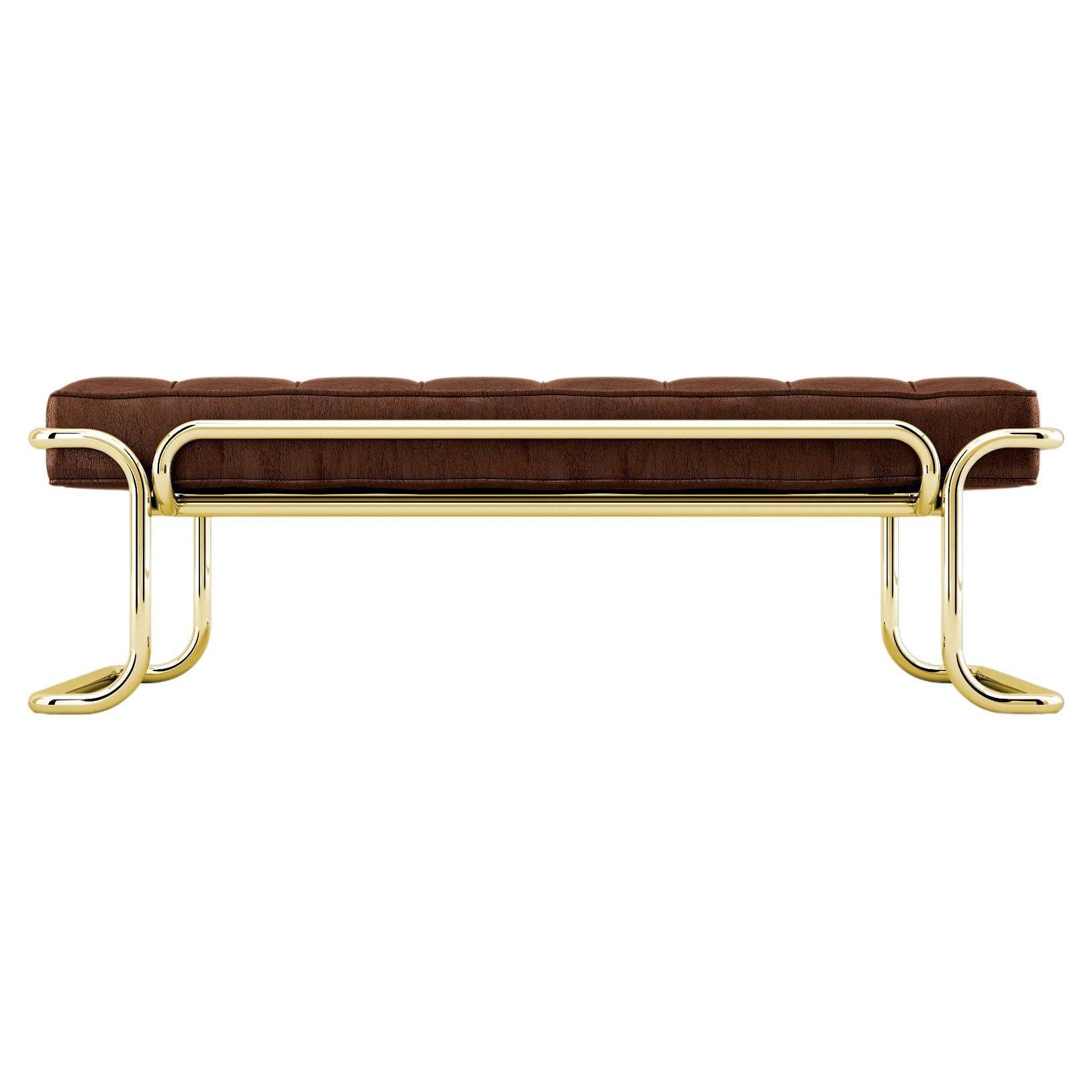 Lotus Banquette - Handcrafted Brown Leather Banquette with Brass Legs