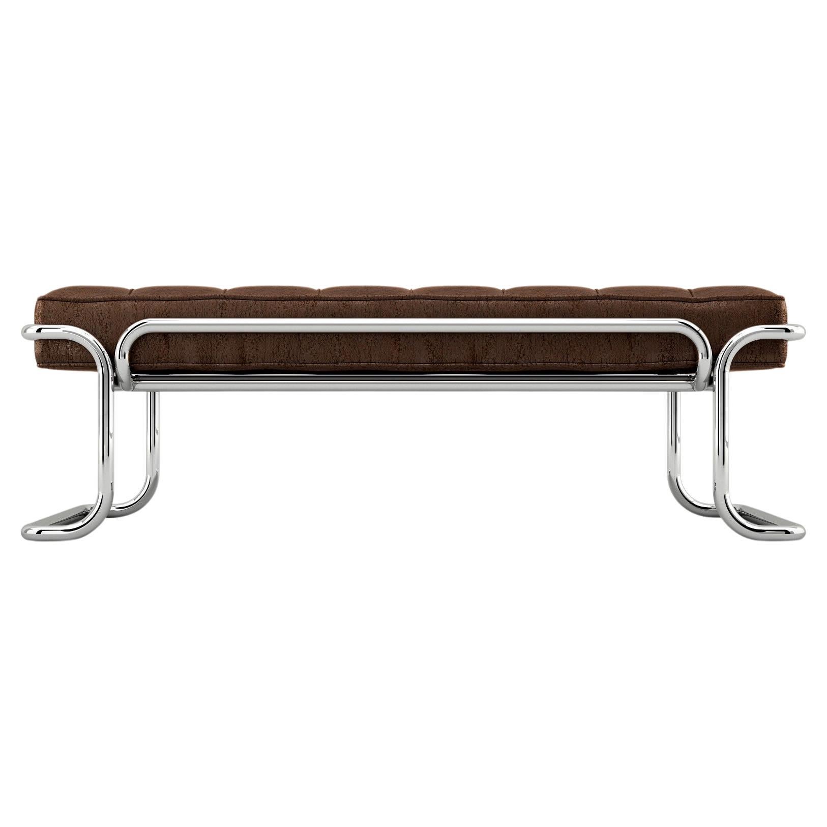 Lotus Banquette - Handcrafted Brown Leather Banquette with Stainless Steel Legs For Sale
