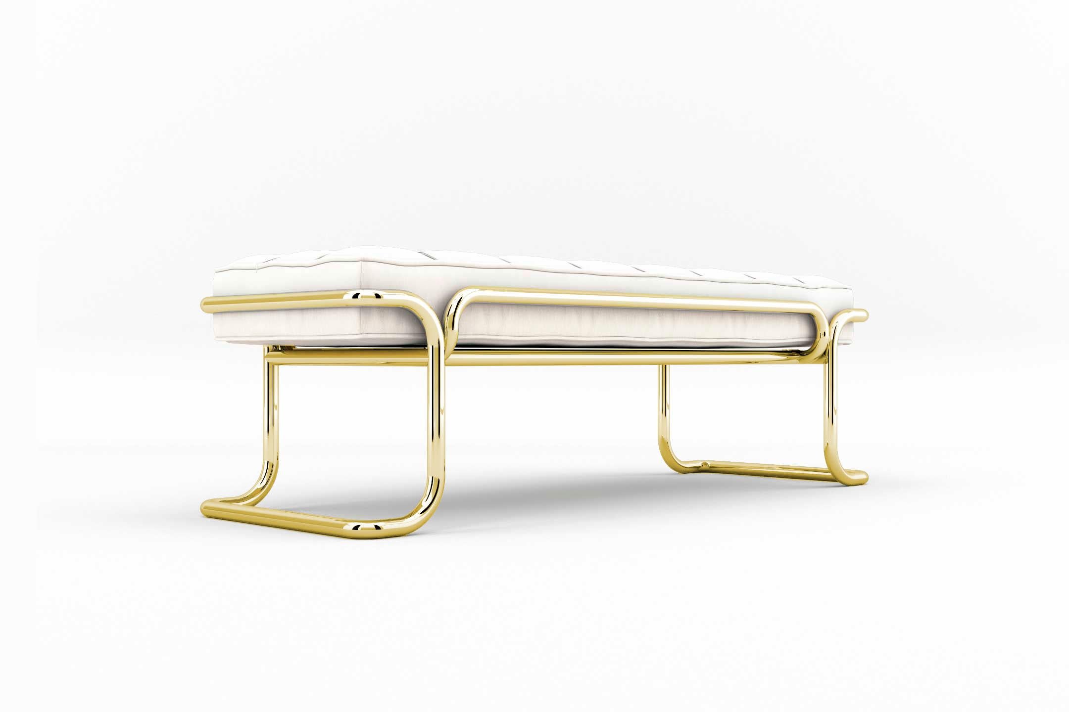 Polished Lotus Banquette - Modern White Leather Sofa with Brass Legs For Sale