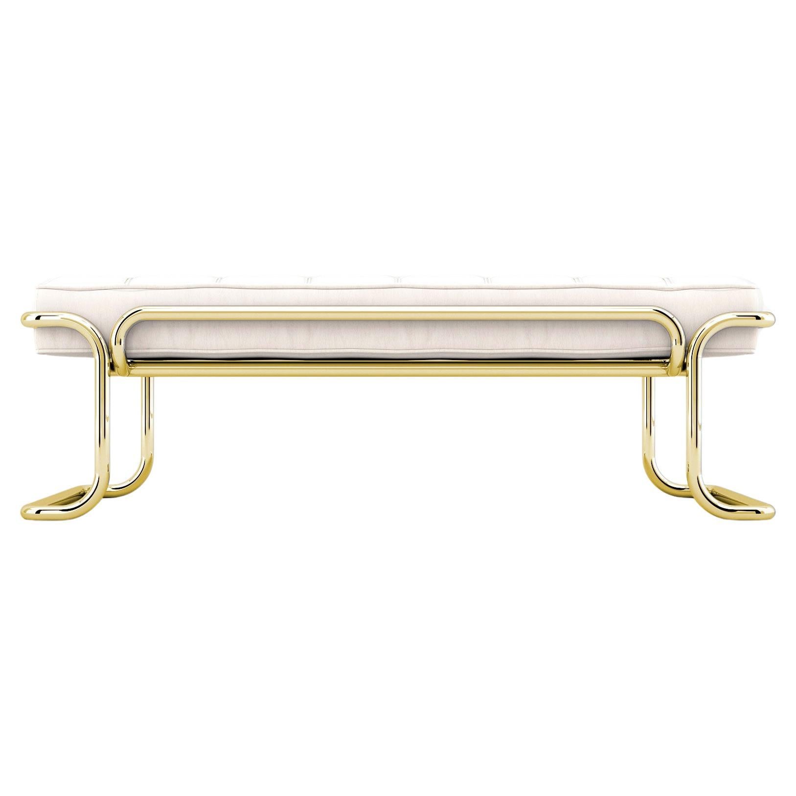 Lotus Banquette - Modern White Leather Sofa with Brass Legs For Sale