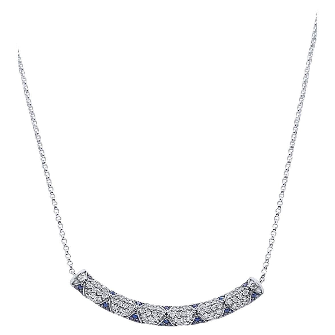 Lotus Bar Necklace with Blue Sapphire Petals and Pave Diamonds White Gold For Sale