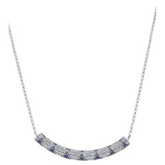 Lotus Bar Necklace with Blue Sapphire Petals and Pave Diamonds White Gold