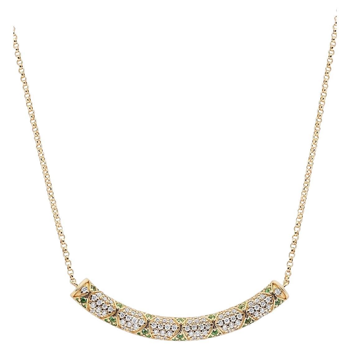 Lotus Bar Necklace with Emerald Petals and Pave Diamonds Yellow Gold