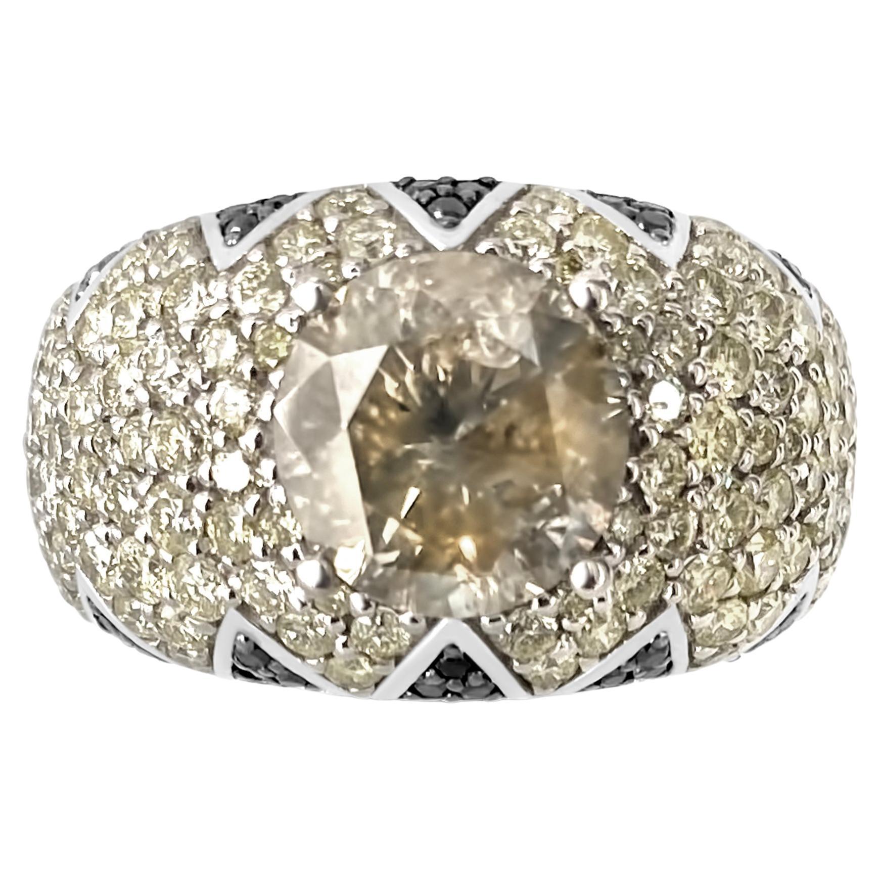 Lotus Bombe ring with 2.53 ct champagne diamond solitaire & black diamond petals For Sale