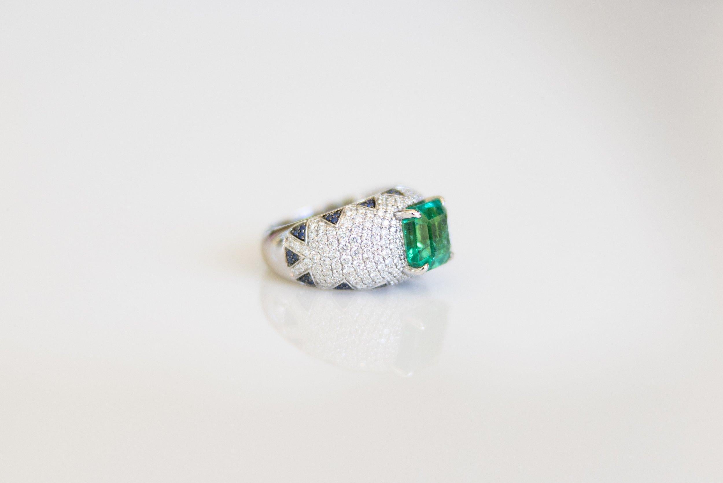 Lotus Bombe Ring with 3.75 Ct Emerald and Blue Sapphire Petals and Pave Diamonds For Sale 2