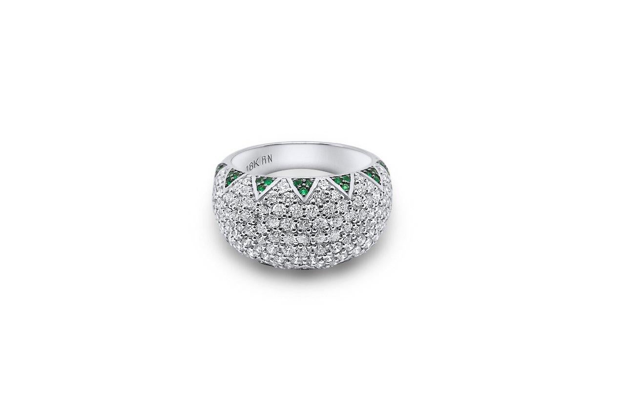 Emerald Cut Lotus Bombe ring with emerald petals and pave diamonds For Sale