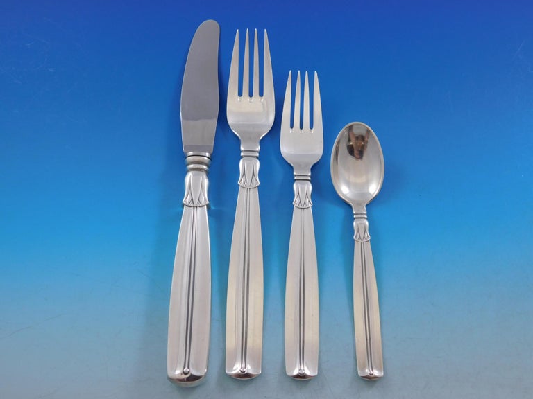 Lotus by Sorensen Danish Silver Flatware Set 8 Service 70 pieces