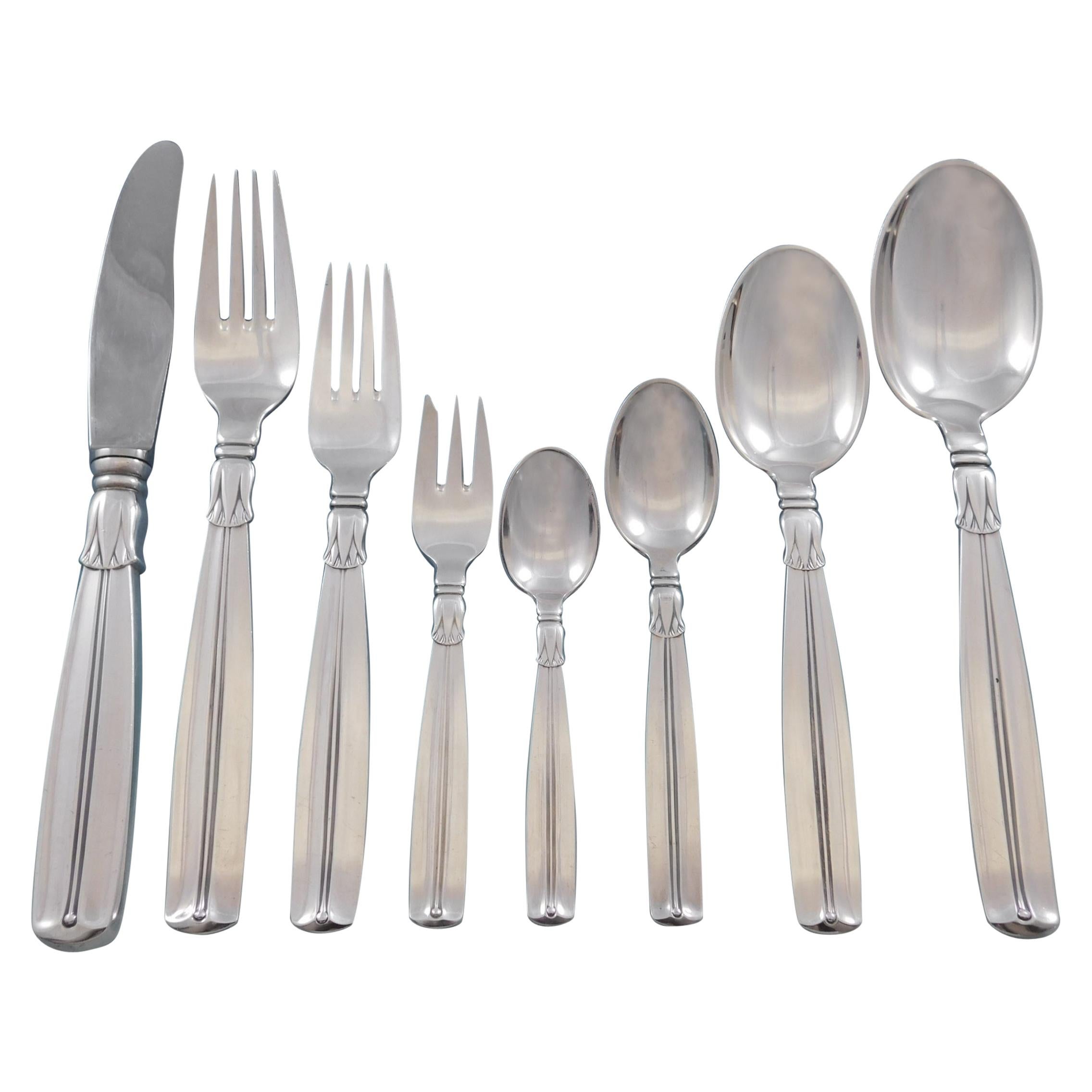 Lotus by Sorensen Danish Silver Flatware Set 8 Service 70 pieces Modern For Sale