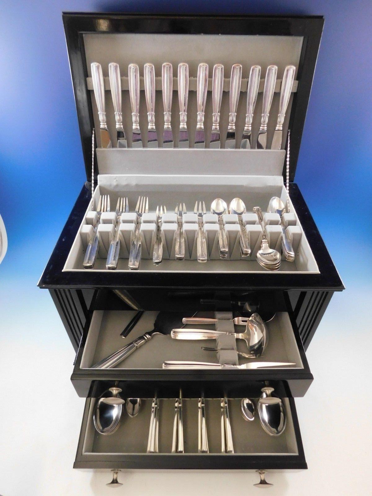 Exceptional Lotus by W&S Sorensen Danish sterling silver Scandinavian modern flatware set, 105 pieces. This set includes:

12 dinner knives, 8 3/4
