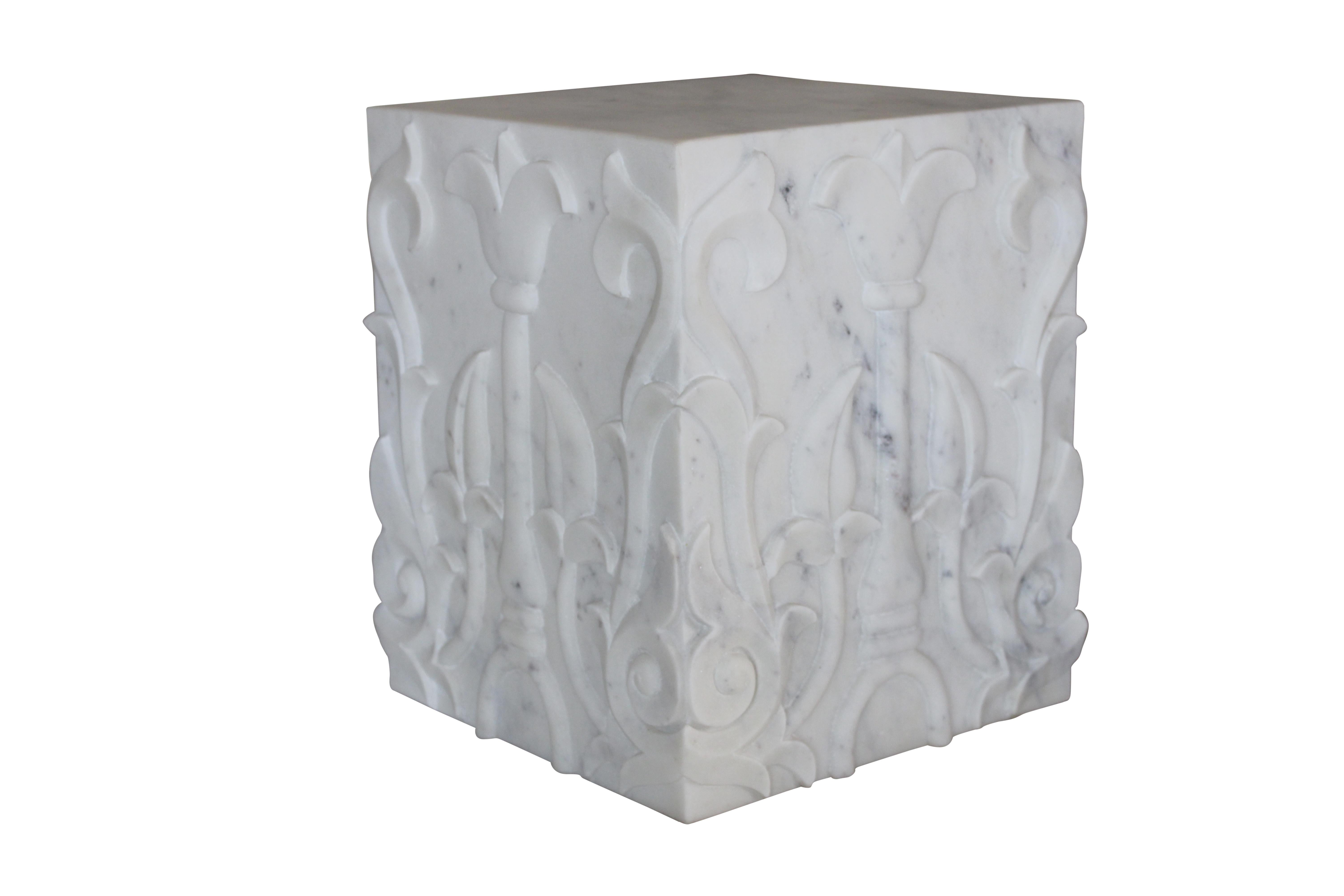Other Lotus carved Pedestal in White Marble Handcrafted in India by Stephanie Odegard For Sale