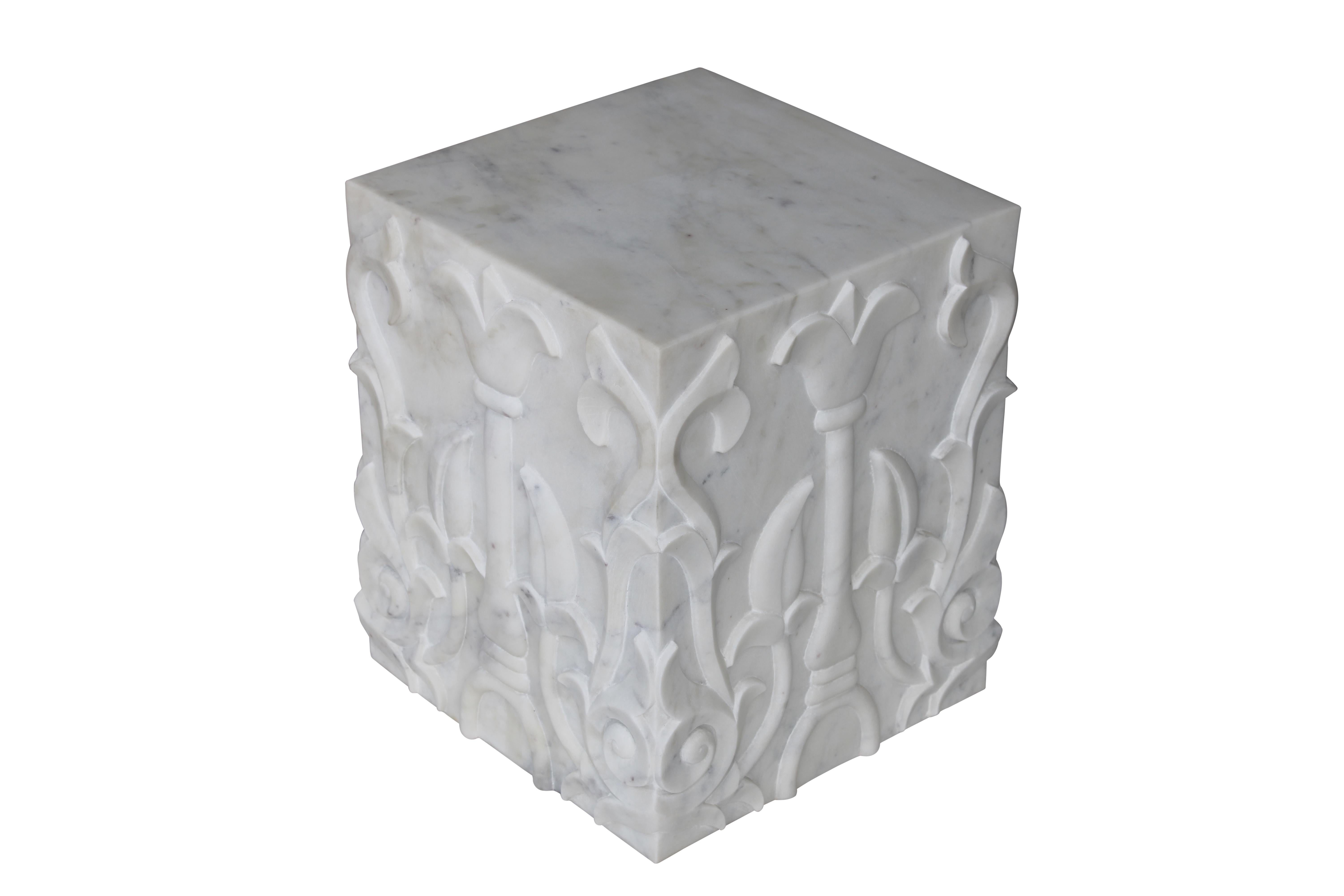 Indian Lotus carved Pedestal in White Marble Handcrafted in India by Stephanie Odegard For Sale