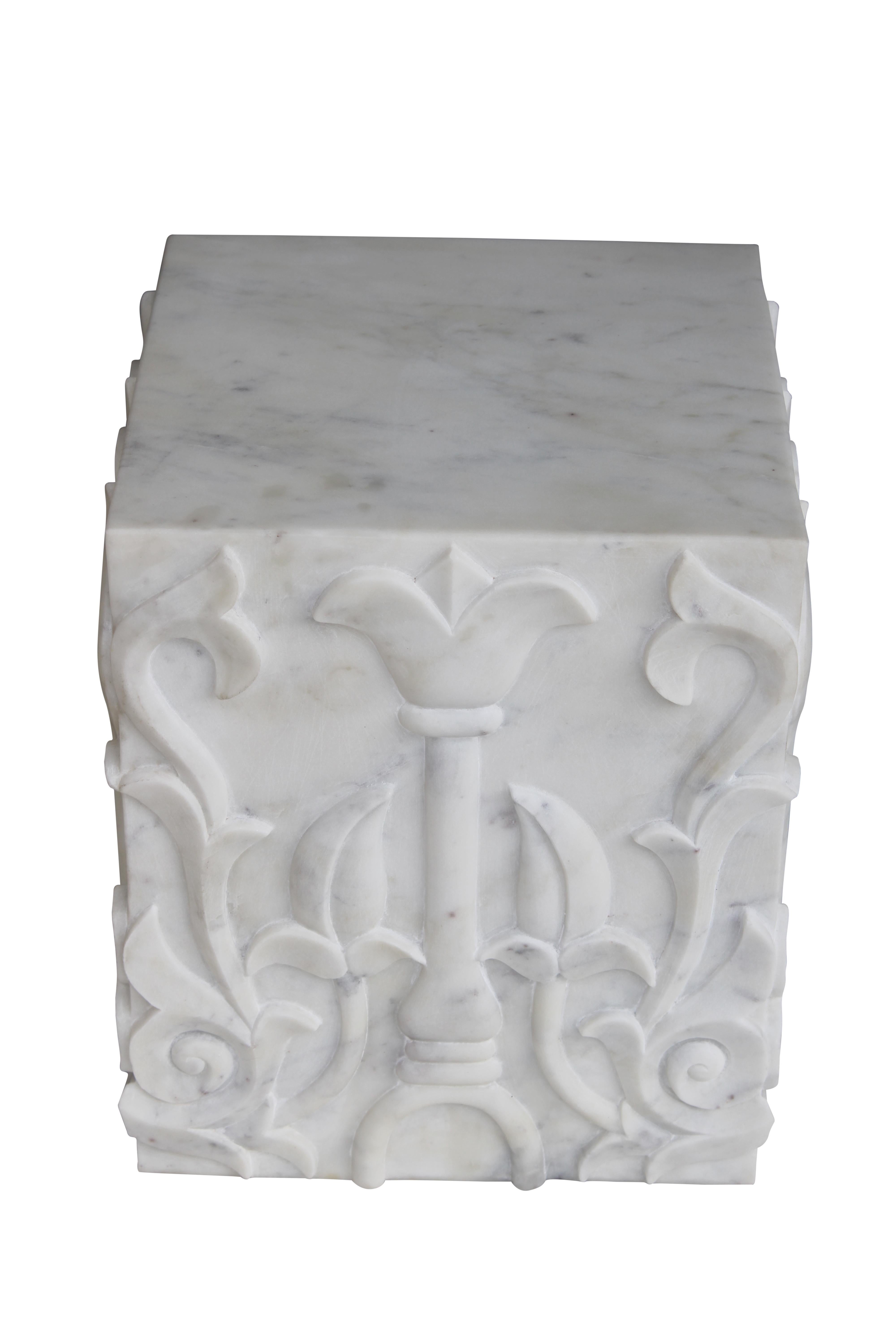 Hand-Carved Lotus carved Pedestal in White Marble Handcrafted in India by Stephanie Odegard For Sale