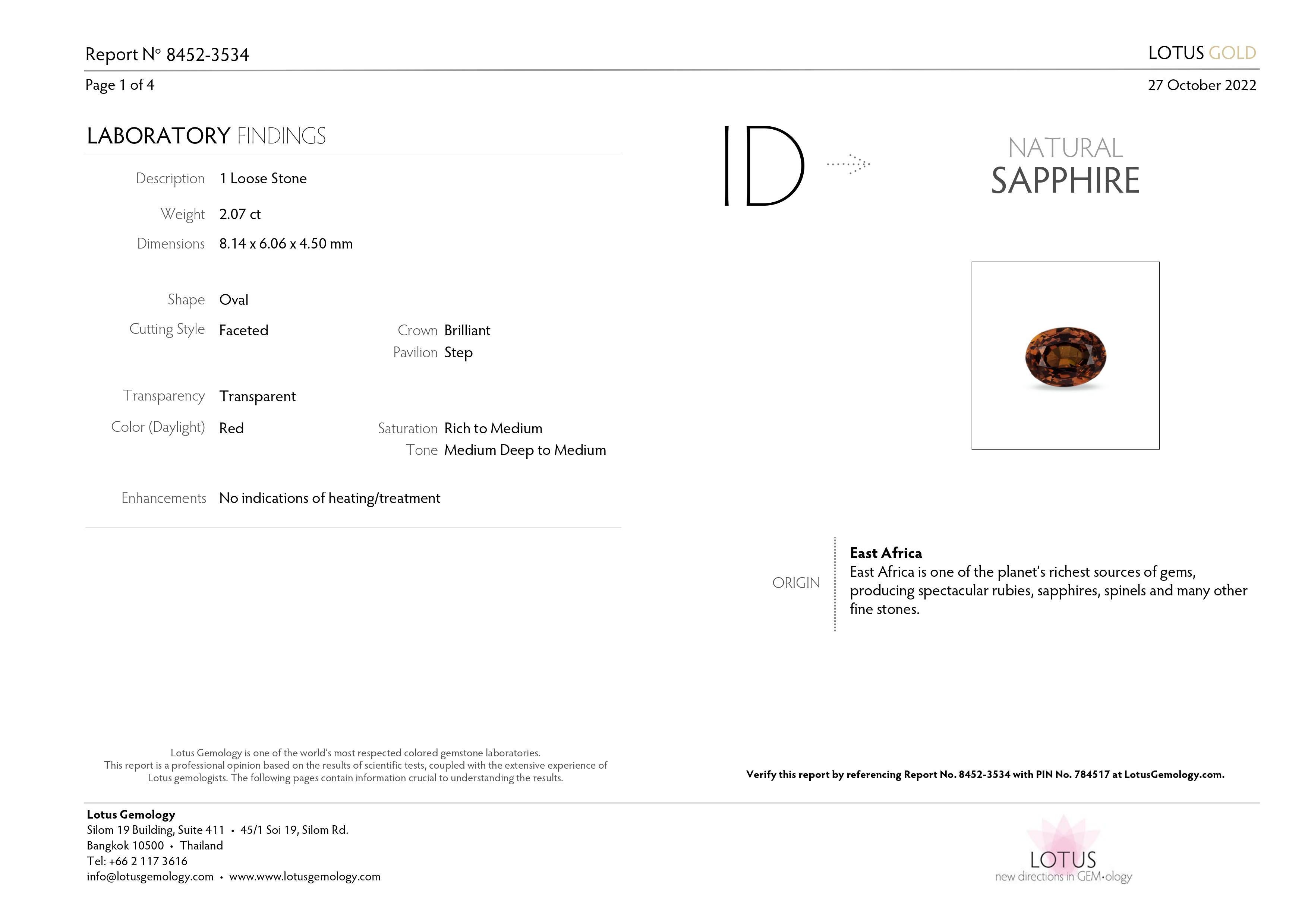 Lotus, zertifizierter 2,07 Karat roter Saphir aus Ostafrika, unbehandelt für Damen oder Herren im Angebot