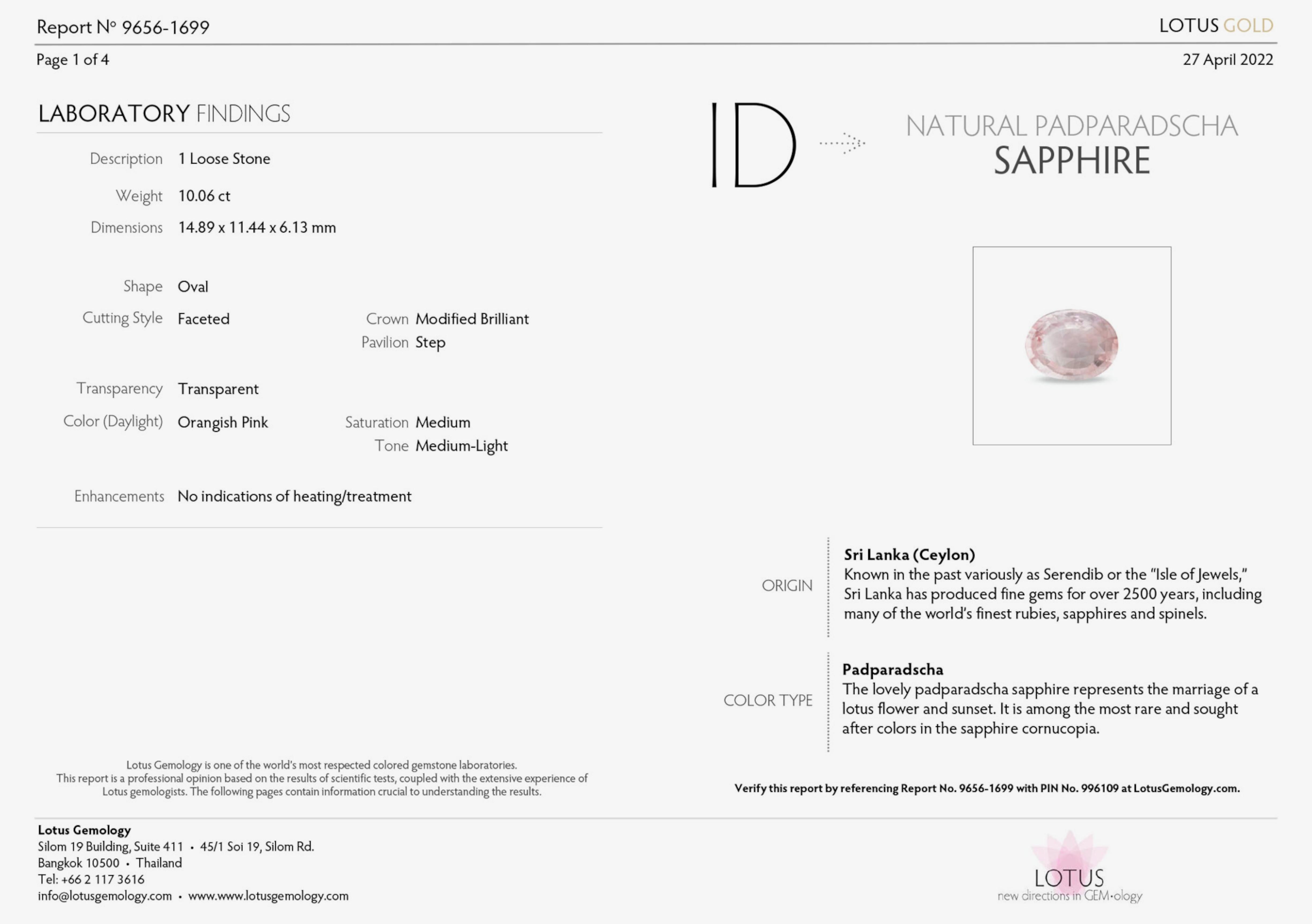 Lotus Certified 10 Ct. Padparadscha Untreated Sapphire Diamond Rose Gold Ring. This stunning piece features a rare and captivating padparadscha sapphire, renowned for its unique blend of peach and pink hues. Set in luxurious rose gold and adorned