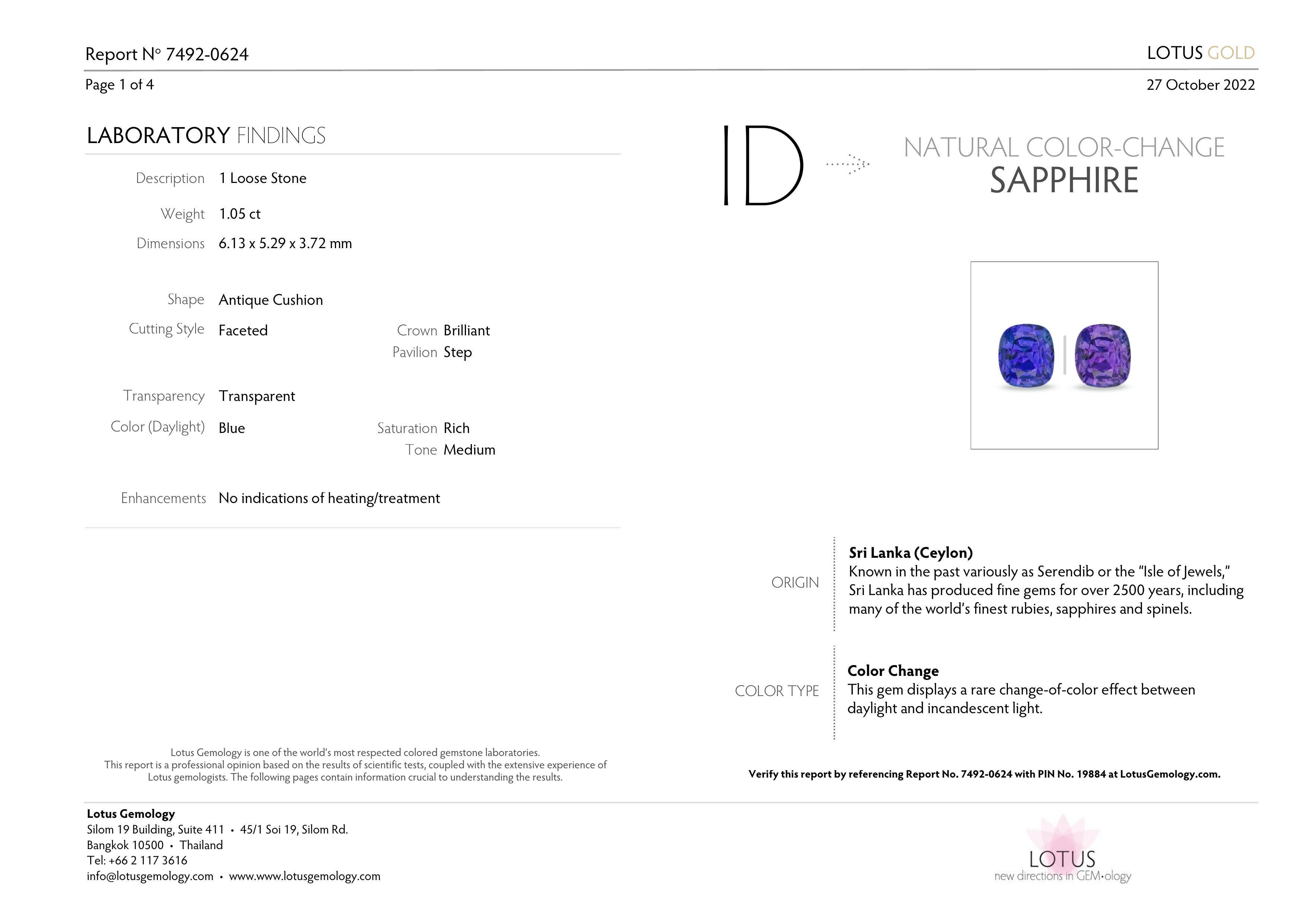 Lotus certified 1.05 carat color change sapphire No heat