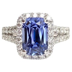 Lotus Certified 14k White Gold Blue Sapphire Halo and Split Shank Ring