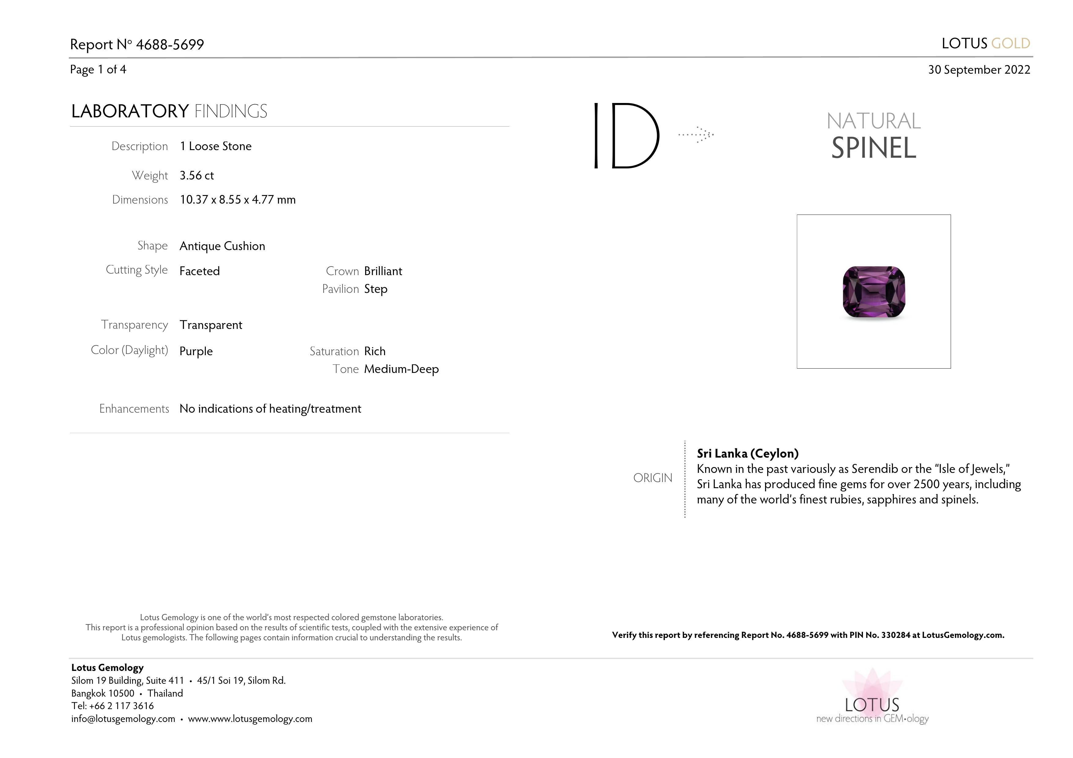 Lotus Certified 3.56 Carat Purple Spinel from Sri Lanka For Sale 1