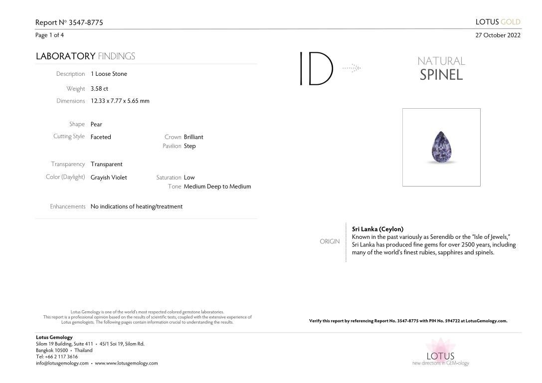 Lotus Certified 3.58 Carat Violet Spinel In New Condition In Hua Hin, TH