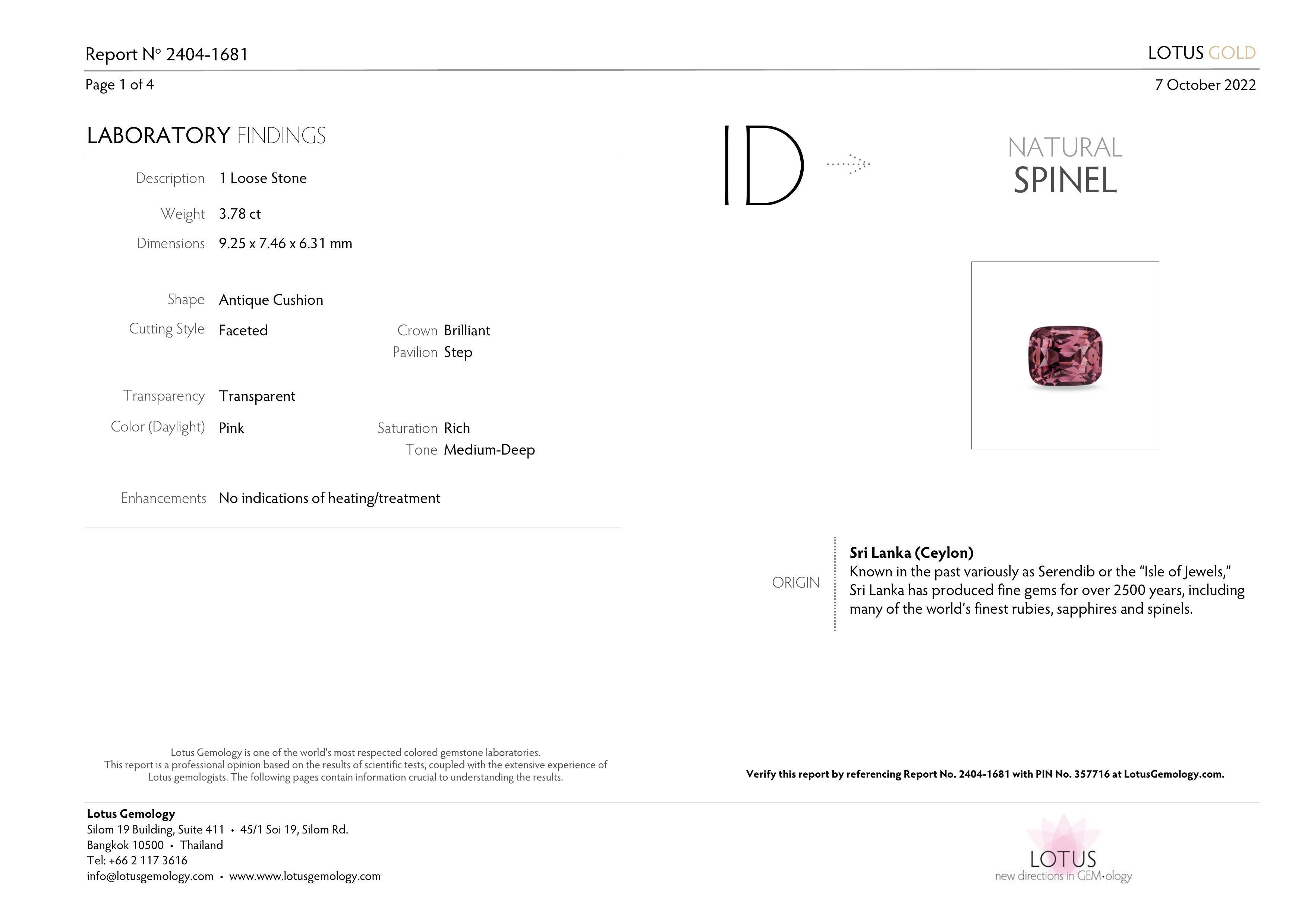 Lotus Certified 3.78 Carat Pink Spinel from Sri Lanka For Sale 1