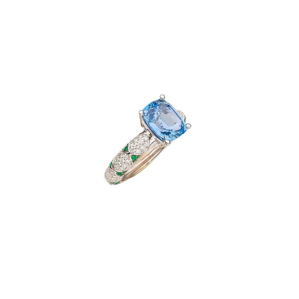 Cushion Cut Lotus Ceylon Sapphire Solitaire Center with Emerald Petals and Pave Diamond Ring