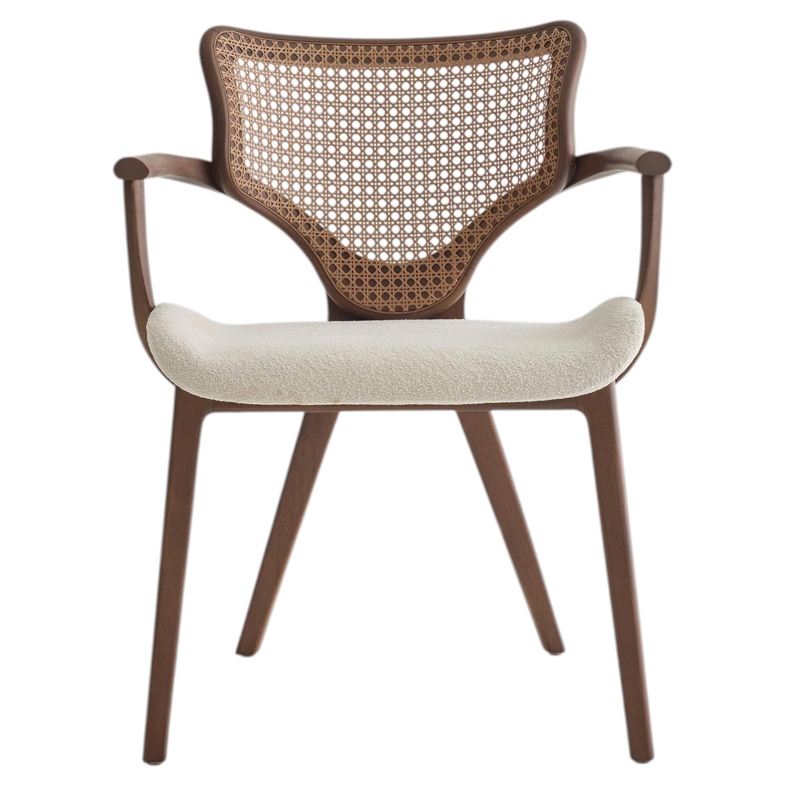 Lotus Chair, Solid Wood Chair with Arms, Walnut and Hexagonal Cane, by Simonini