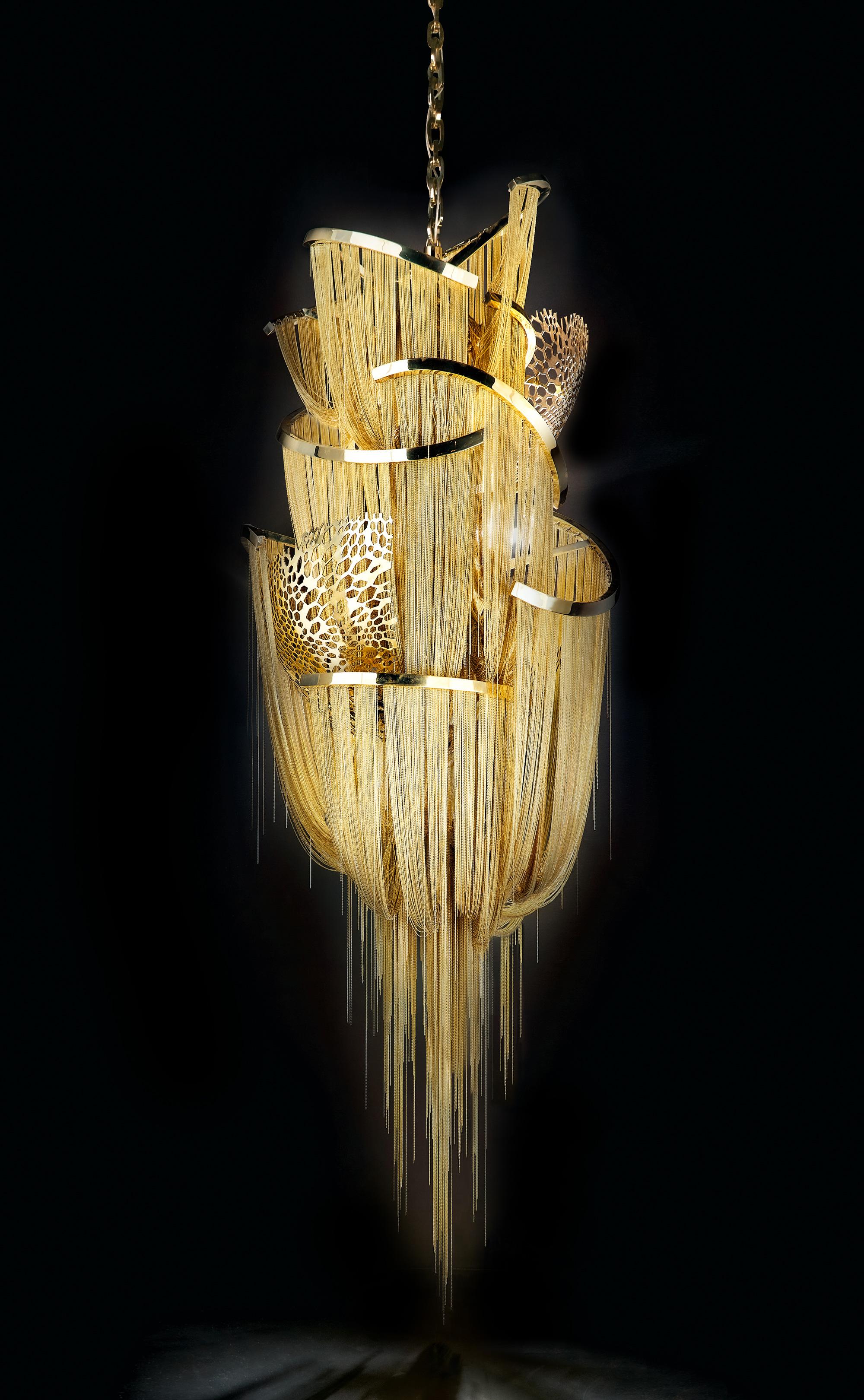 Lotus-Kronleuchter:  Drapierter Kronleuchter aus Bronze oder Edelstahl (Poliert) im Angebot
