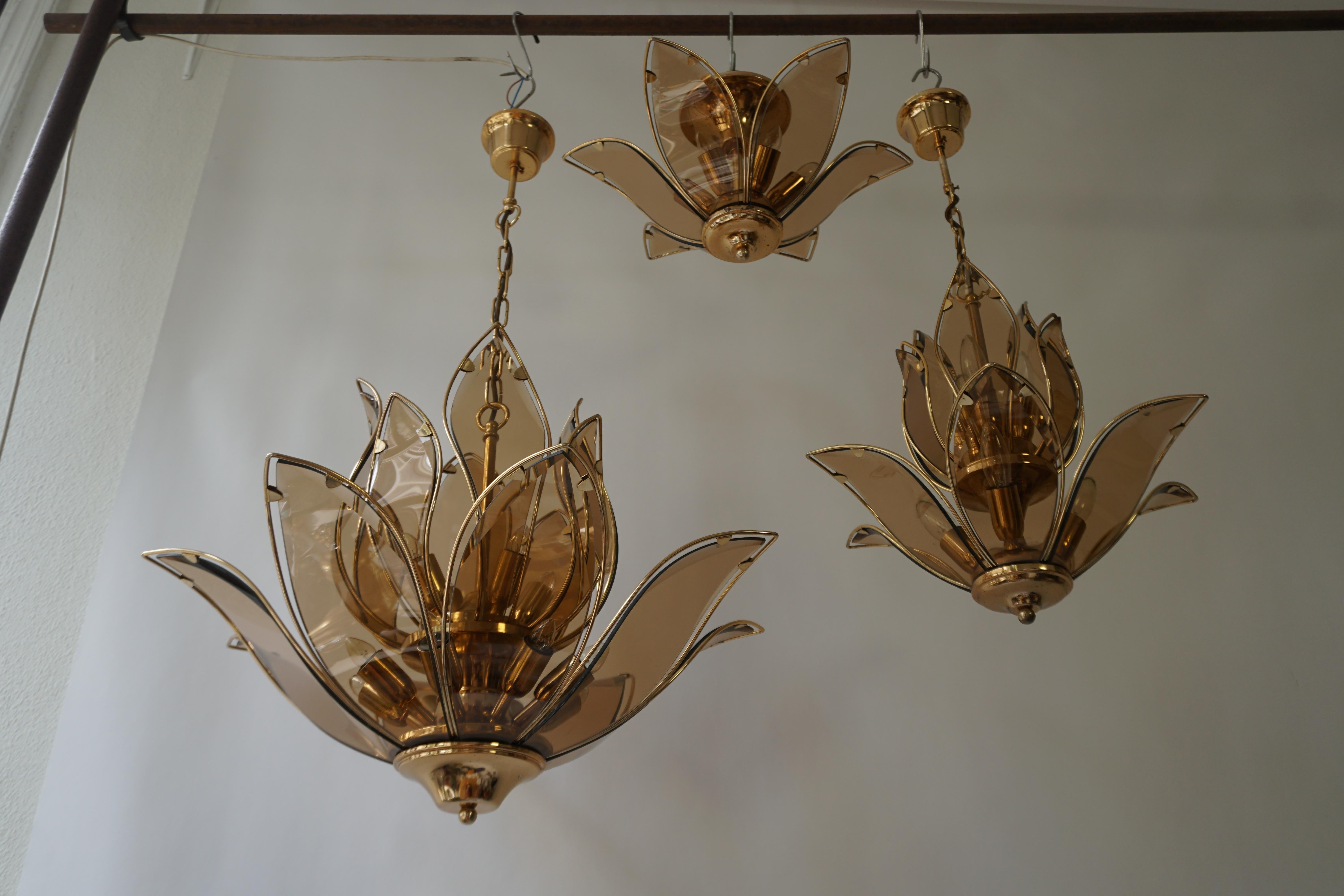 Three Italian Lotus Chandeliers in Brass and Murano Glass For Sale 6