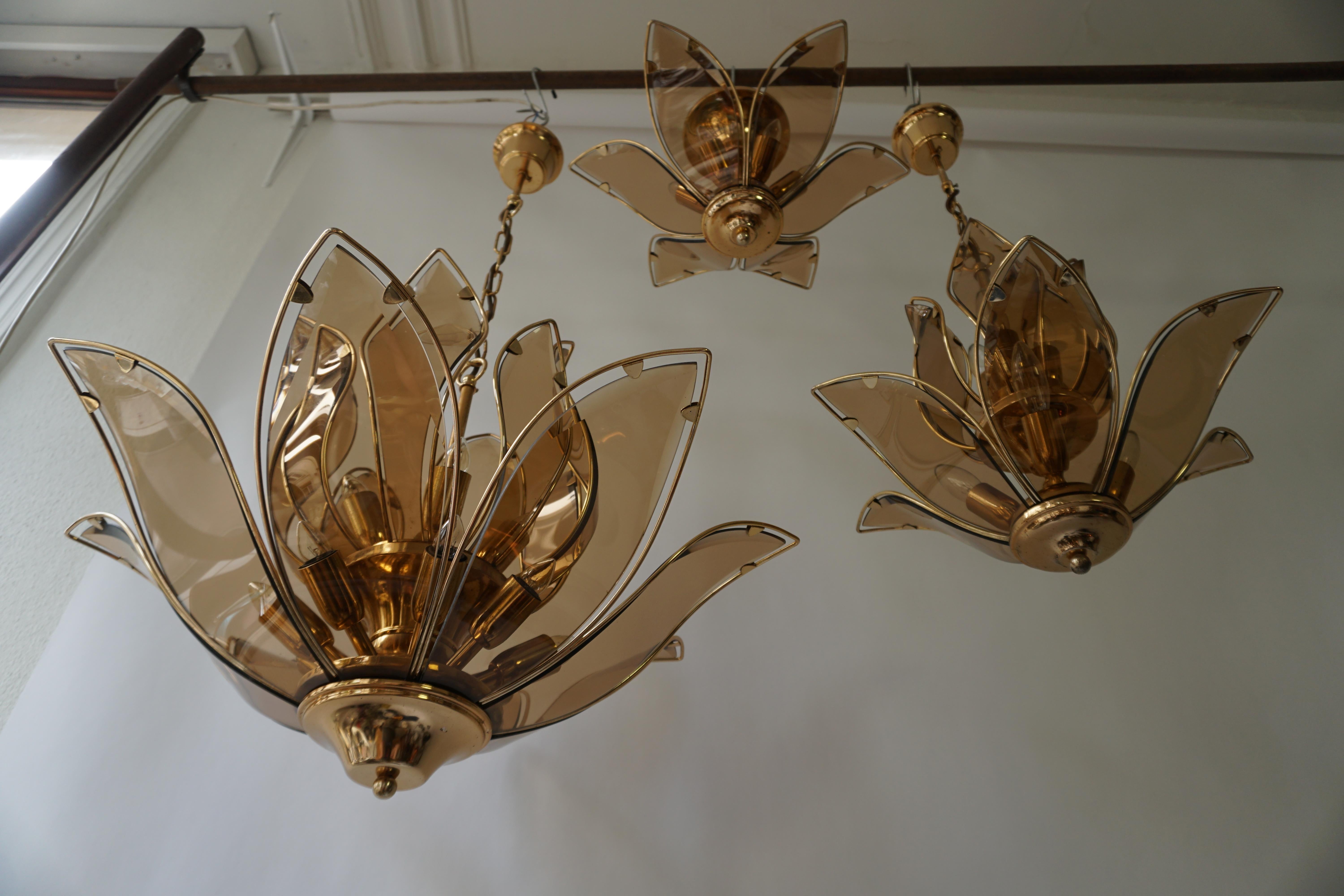 Three Italian Lotus Chandeliers in Brass and Murano Glass For Sale 9