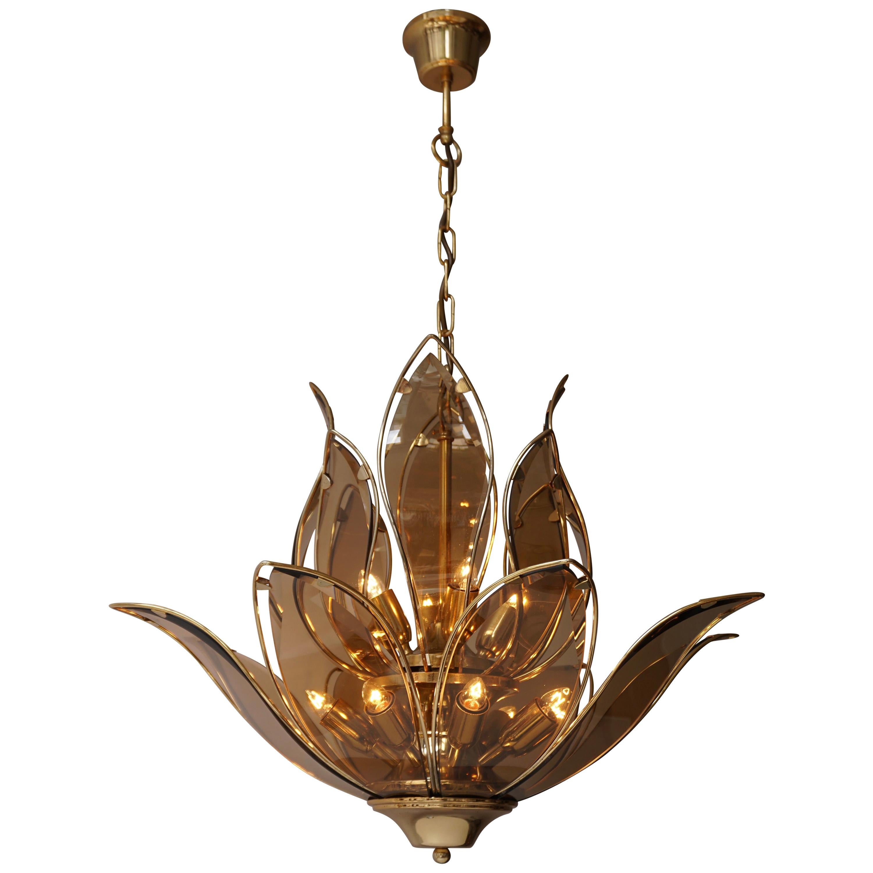 Two Italian Lotus Chandeliers in Brass and Murano Glass For Sale
