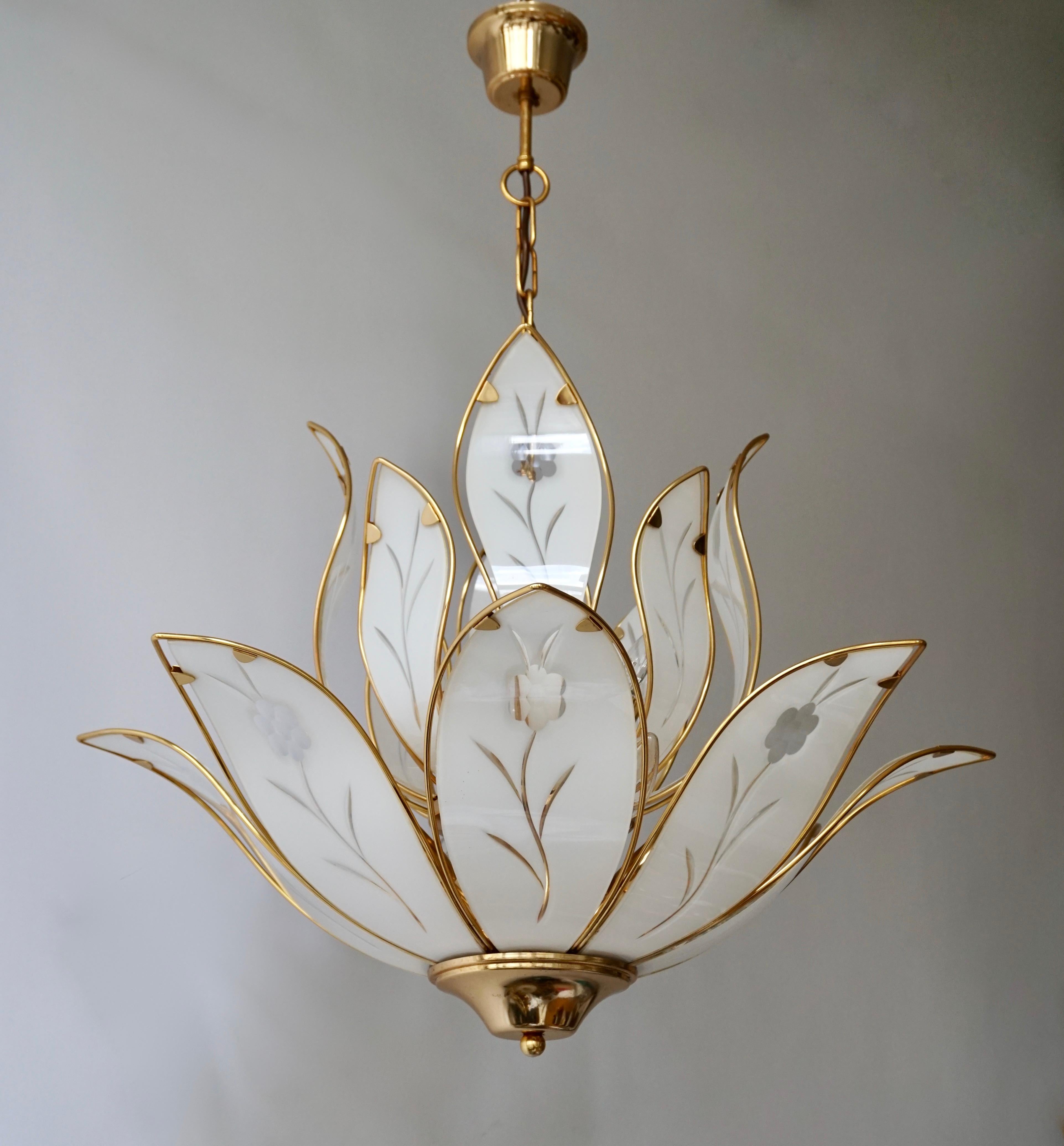 Two Lotus Chandeliers in Brass and White Murano Glass in Franco Luce Style For Sale 3