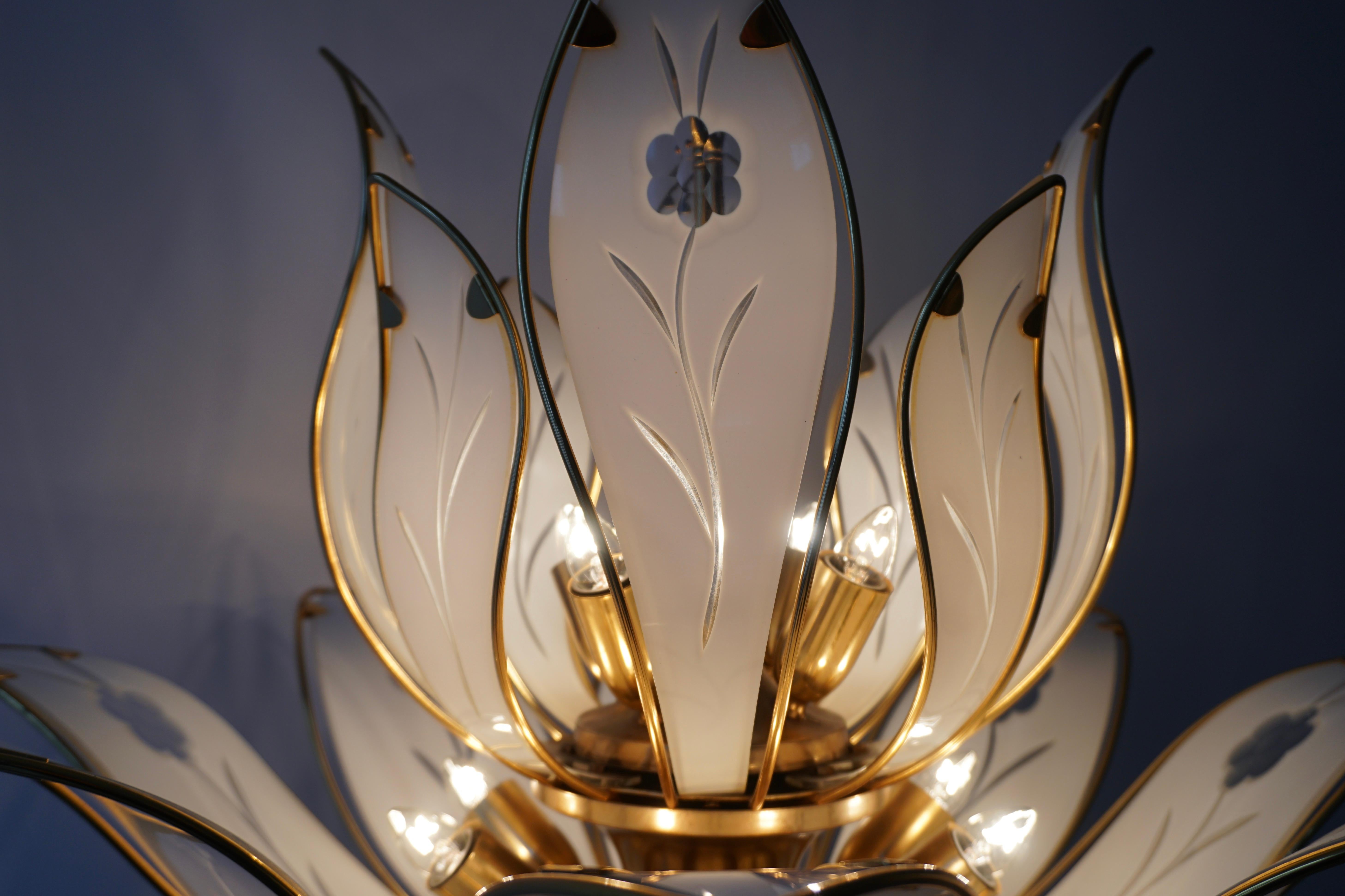 Two Lotus Chandeliers in Brass and White Murano Glass in Franco Luce Style For Sale 4