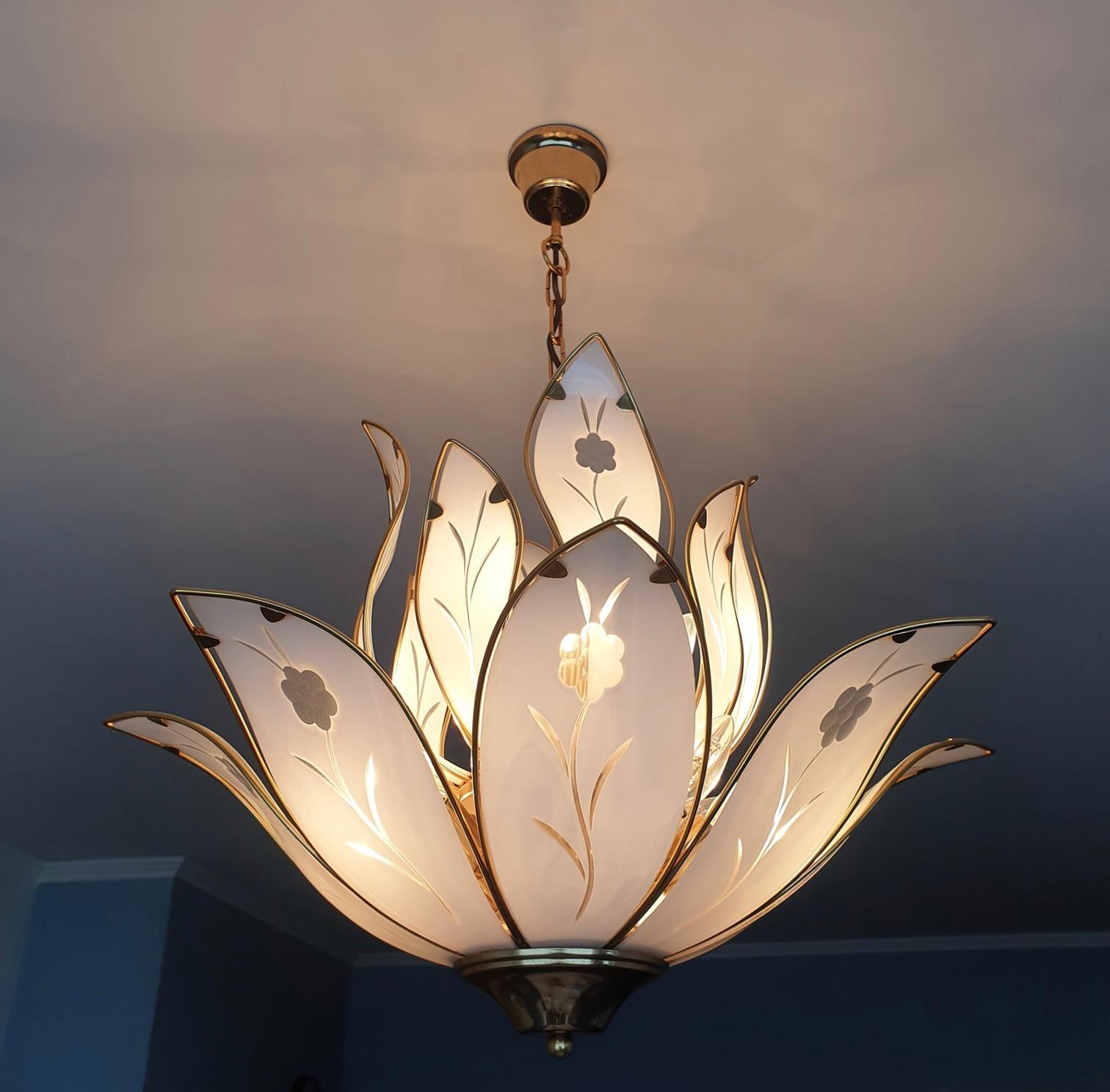 Italian Two Lotus Chandeliers in Brass and White Murano Glass in Franco Luce Style For Sale