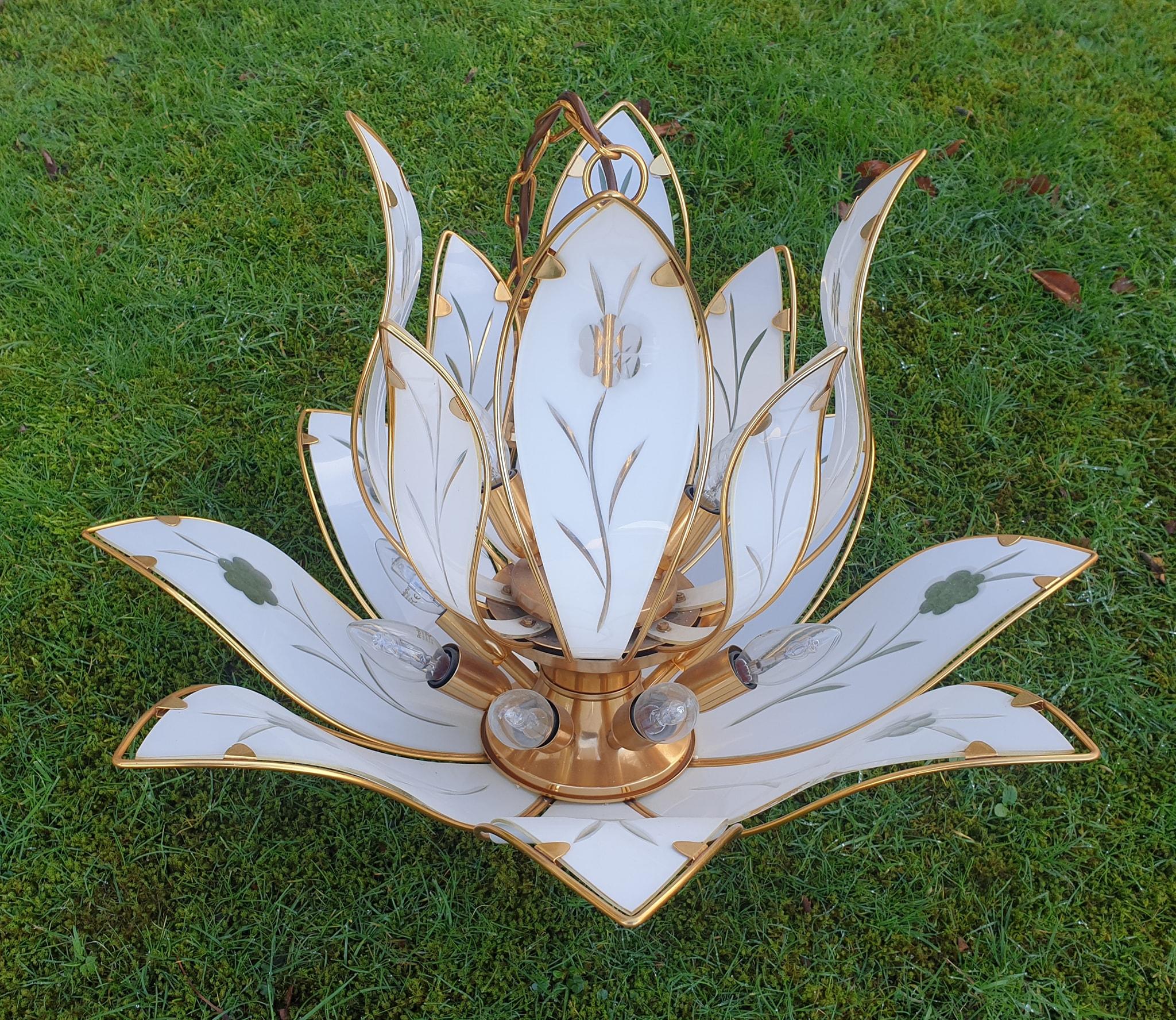 Two Lotus Chandeliers in Brass and White Murano Glass in Franco Luce Style In Good Condition For Sale In Antwerp, BE