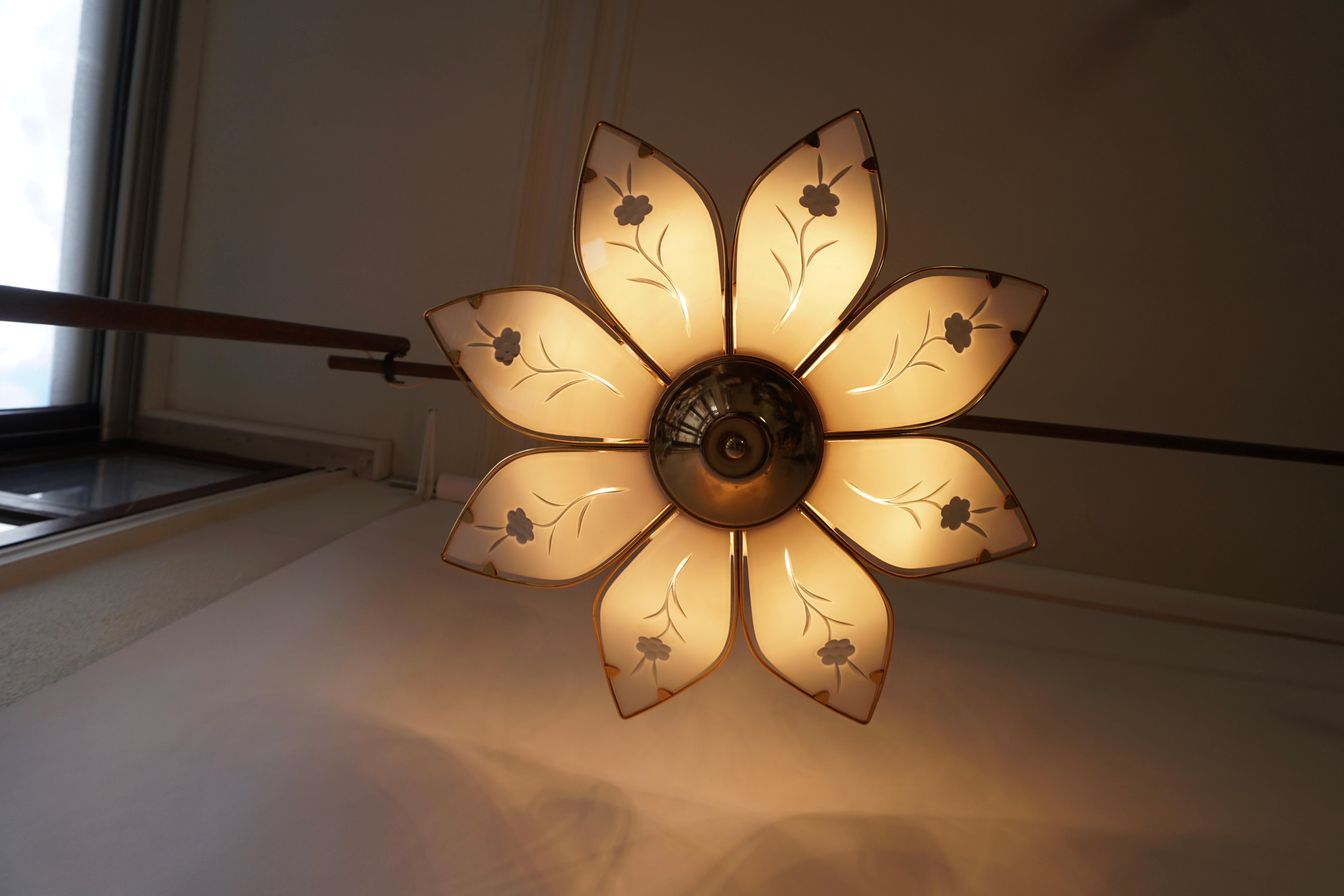 Two Lotus Chandeliers in Brass and White Murano Glass in Franco Luce Style For Sale 1