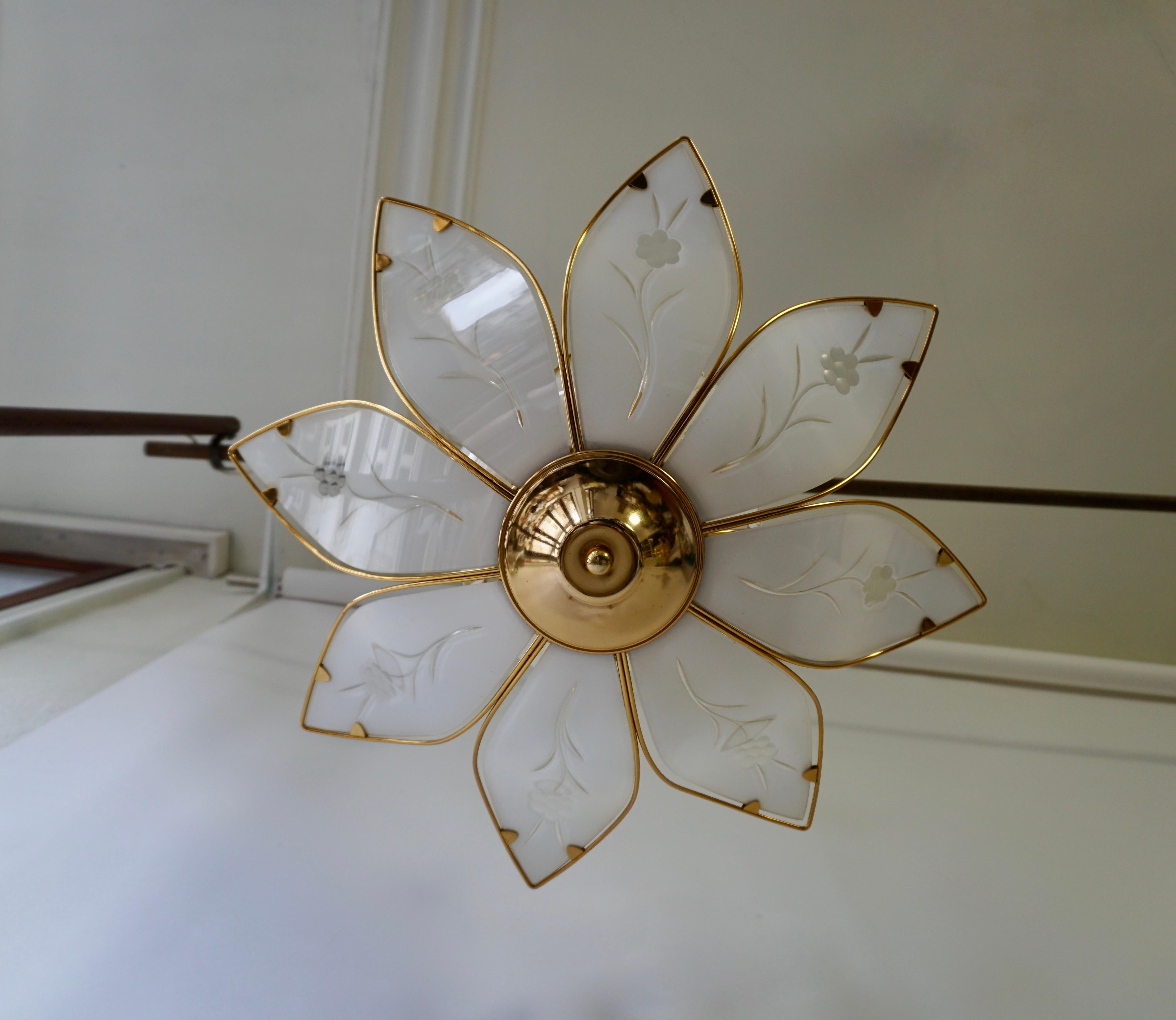 Two Lotus Chandeliers in Brass and White Murano Glass in Franco Luce Style For Sale 2