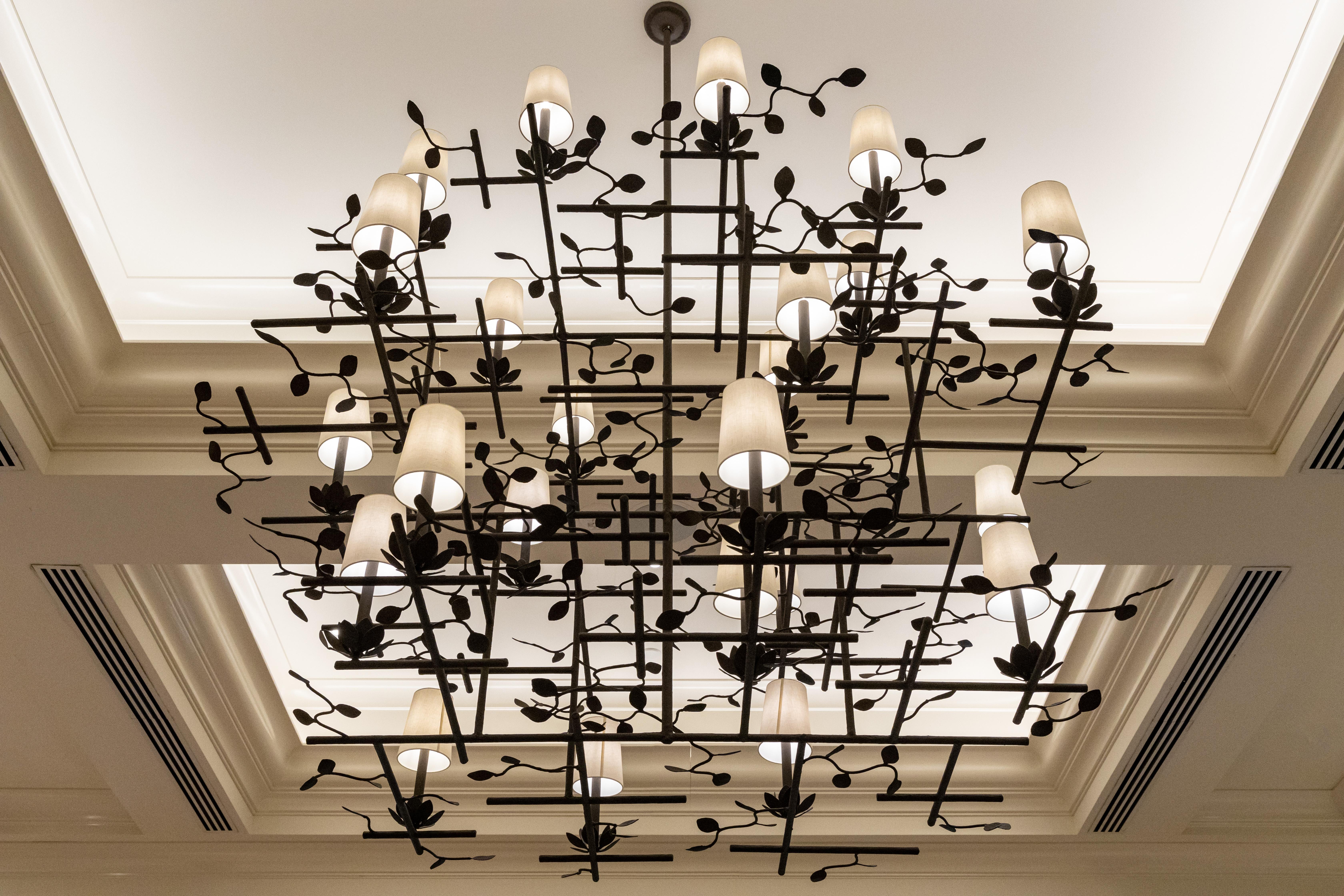 North American Lotus Chandelier in Bronze with Light Shades For Sale